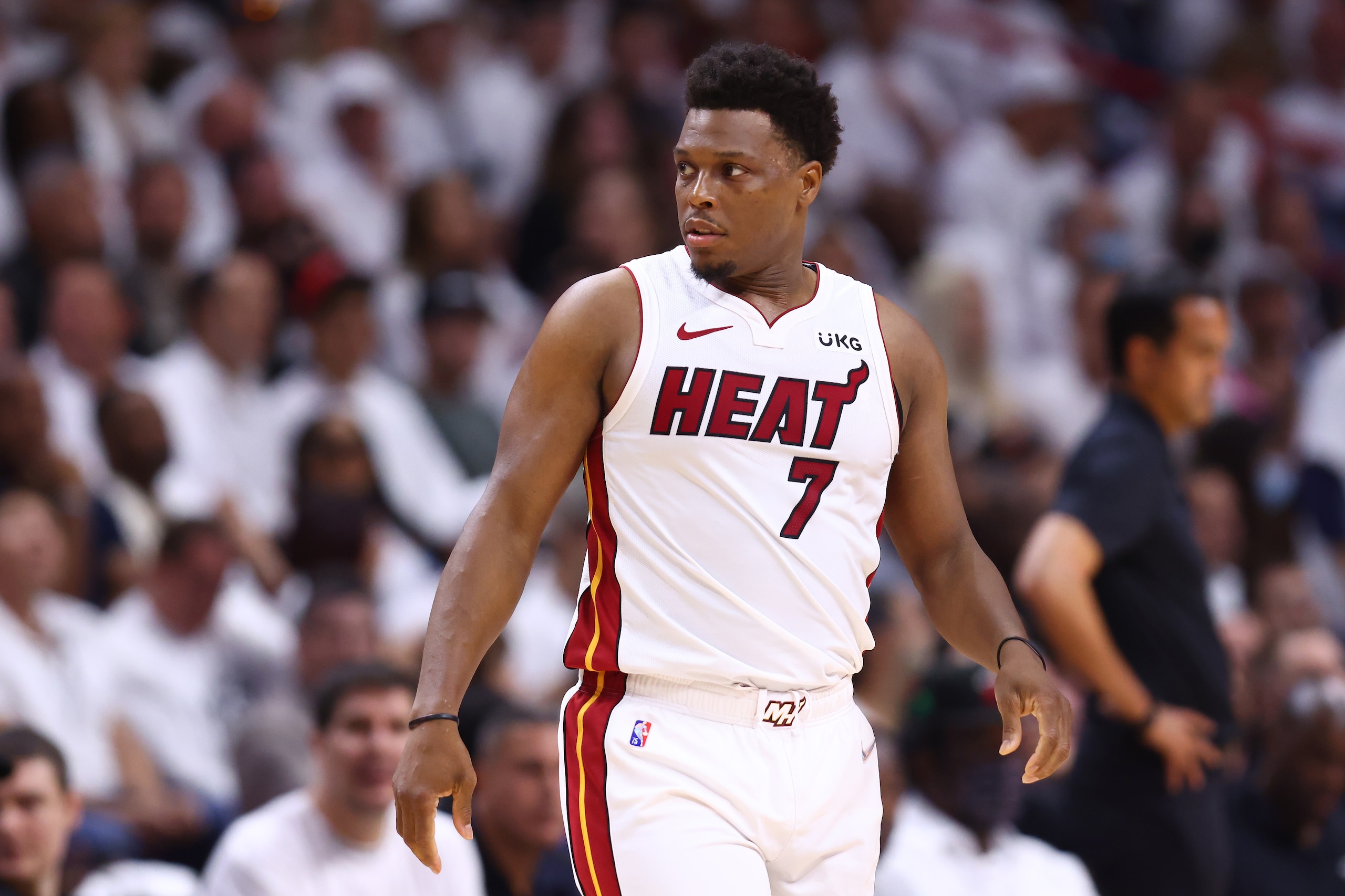 MIAMI, FLORIDA - APRIL 19: Kyle Lowry #7 of the Miami Heat looks on against the Atlanta Hawks during the second quarter in Game Two of the Eastern Conference First Round at FTX Arena on April 19, 2022 in Miami, Florida. NOTE TO USER: User expressly acknowledges and agrees that, by downloading and or using this photograph, User is consenting to the terms and conditions of the Getty Images License Agreement.  (Photo by Michael Reaves/Getty Images)
