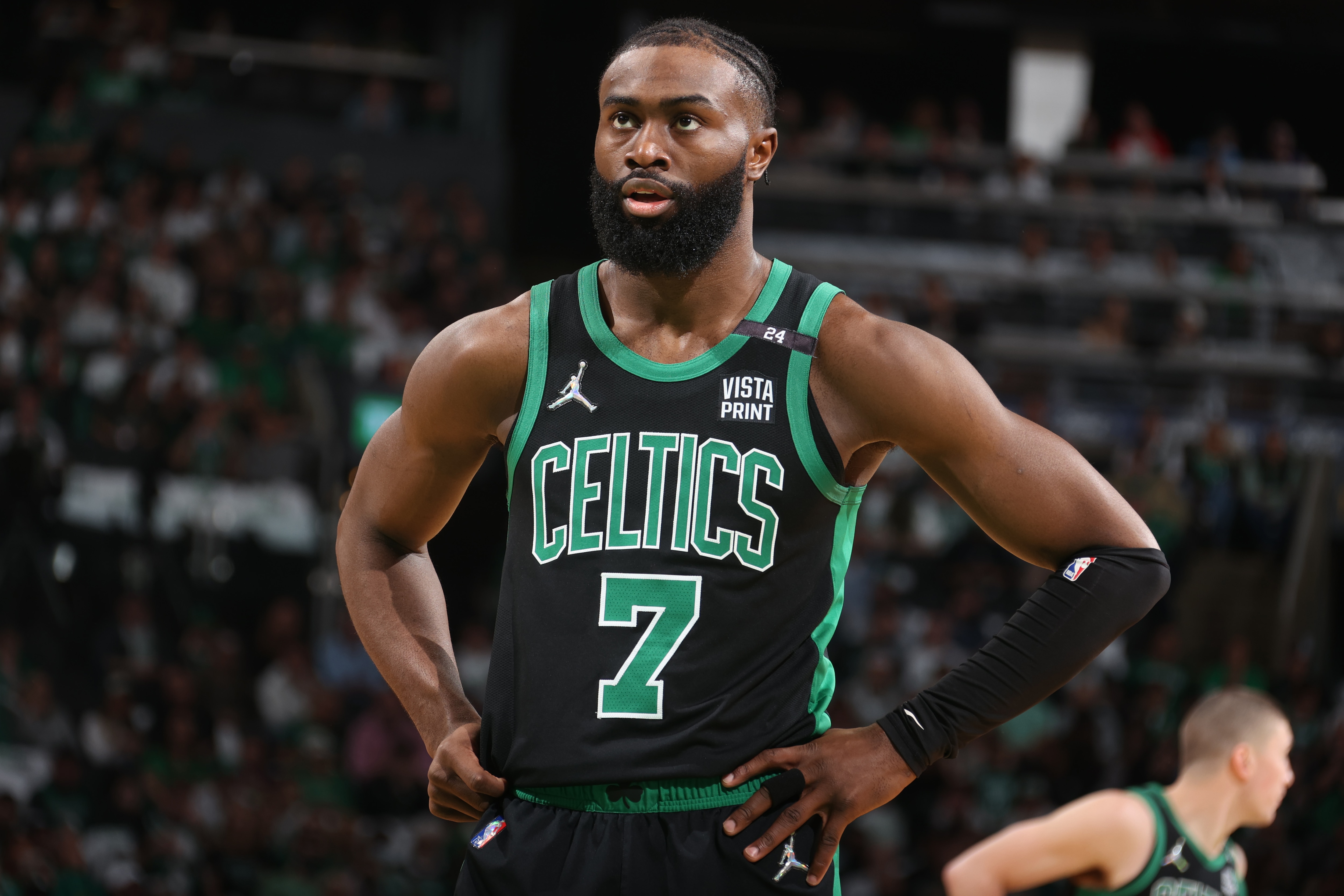 BOSTON, MA - MAY 1: Jaylen Brown #7 of the Boston Celtics looks on during Game 1 of the 2022 NBA Playoffs Eastern Conference Semifinals against the Milwaukee Bucks on May 1, 2022 at the TD Garden in Boston, Massachusetts.  NOTE TO USER: User expressly acknowledges and agrees that, by downloading and or using this photograph, User is consenting to the terms and conditions of the Getty Images License Agreement. Mandatory Copyright Notice: Copyright 2022 NBAE  (Photo by Nathaniel S. Butler/NBAE via Getty Images)
