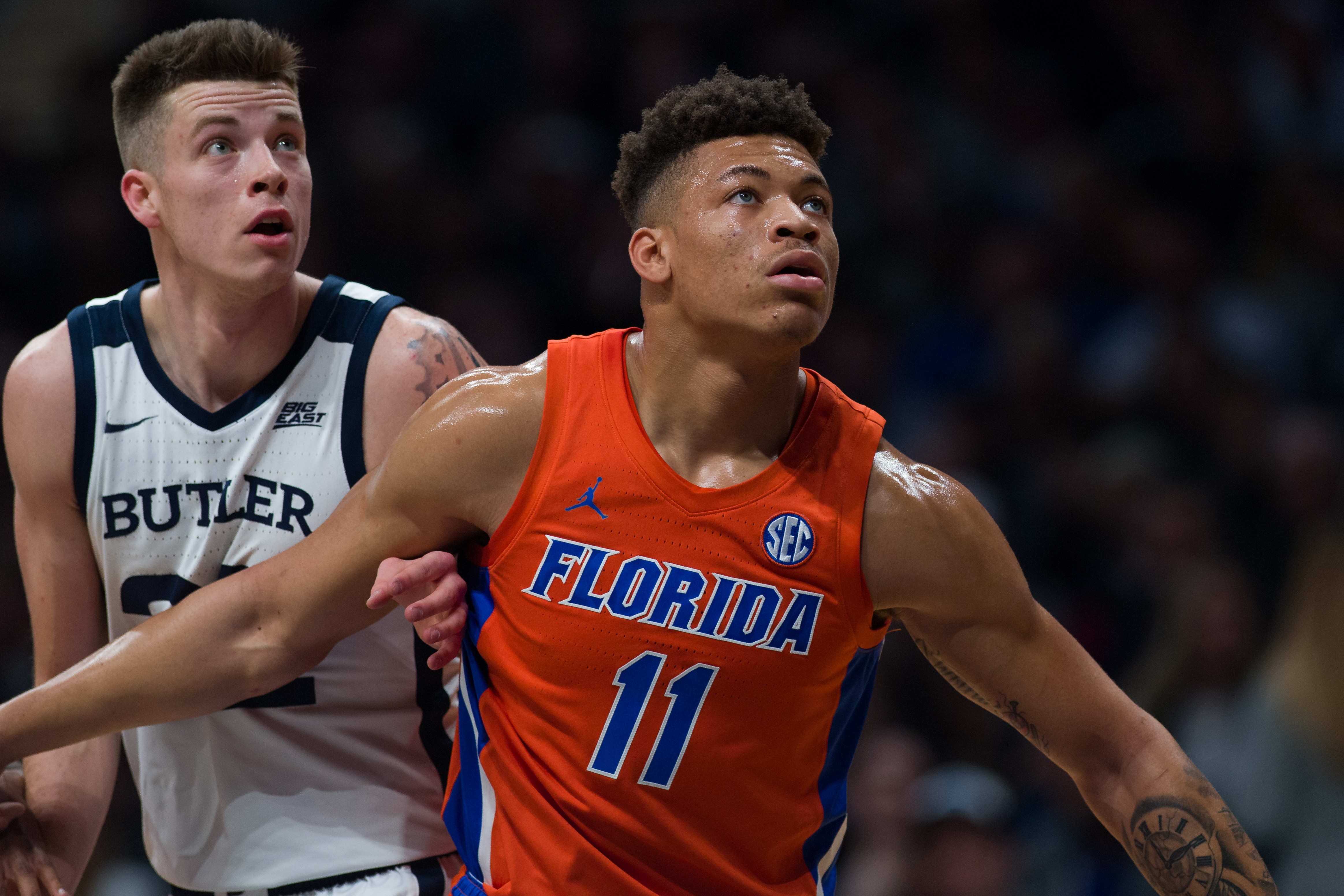 INDIANAPOLIS, IN - DECEMBER 07: Florida Gators forward Keyontae Johnson (11) blocks out Butler Bulldogs forward Sean McDermott (22) during the men's college basketball game between the Florida Gators and Butler Bulldogs on December 7, 2019, at Hinkle Fieldhouse in Indianapolis, IN. (Photo by Zach Bolinger/Icon Sportswire via Getty Images)