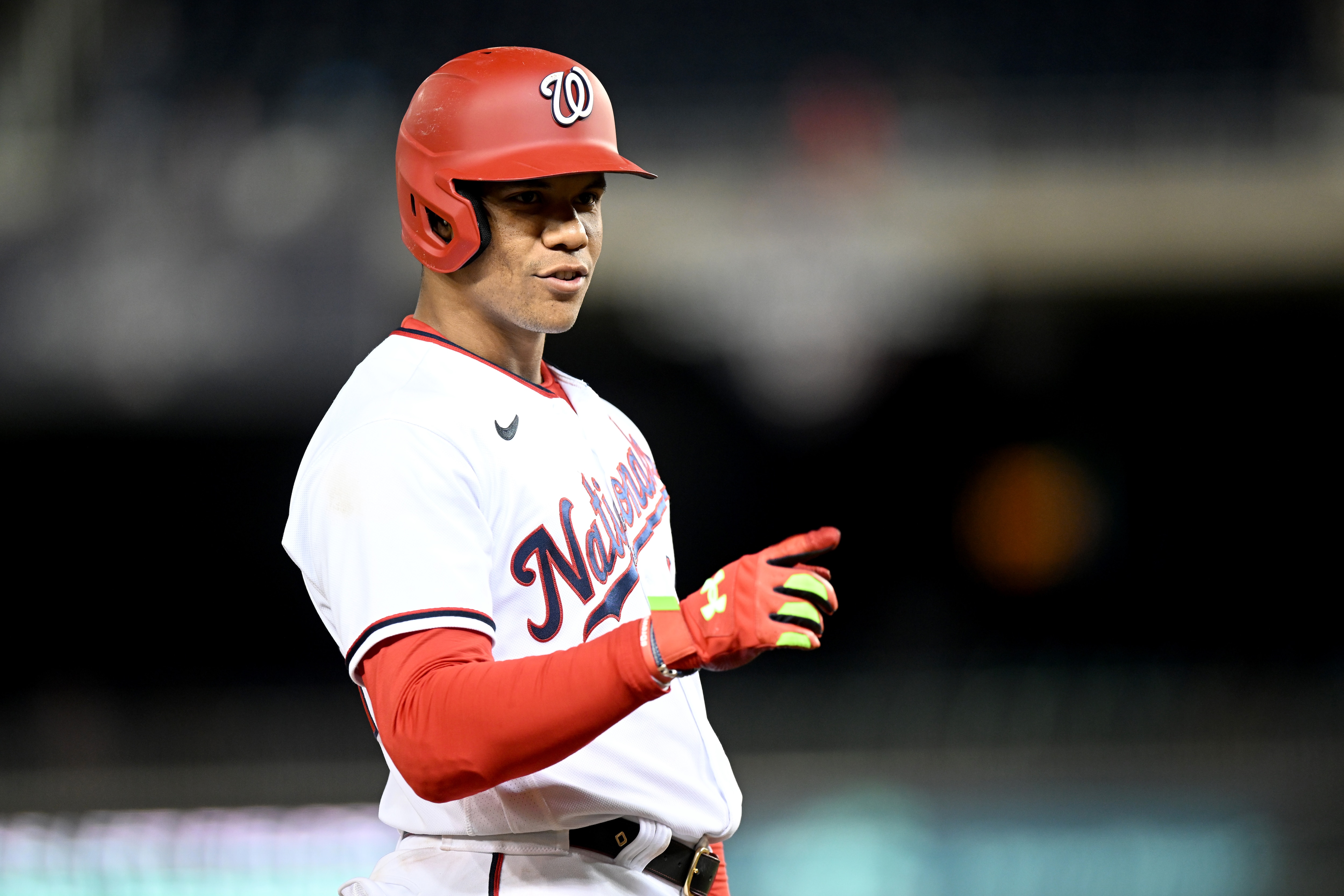 WASHINGTON, DC - APRIL 27: Juan Soto #22 of the Washington Nationals rests during a break in the game against the Miami Marlins at Nationals Park on April 27, 2022 in Washington, DC. (Photo by G Fiume/Getty Images)