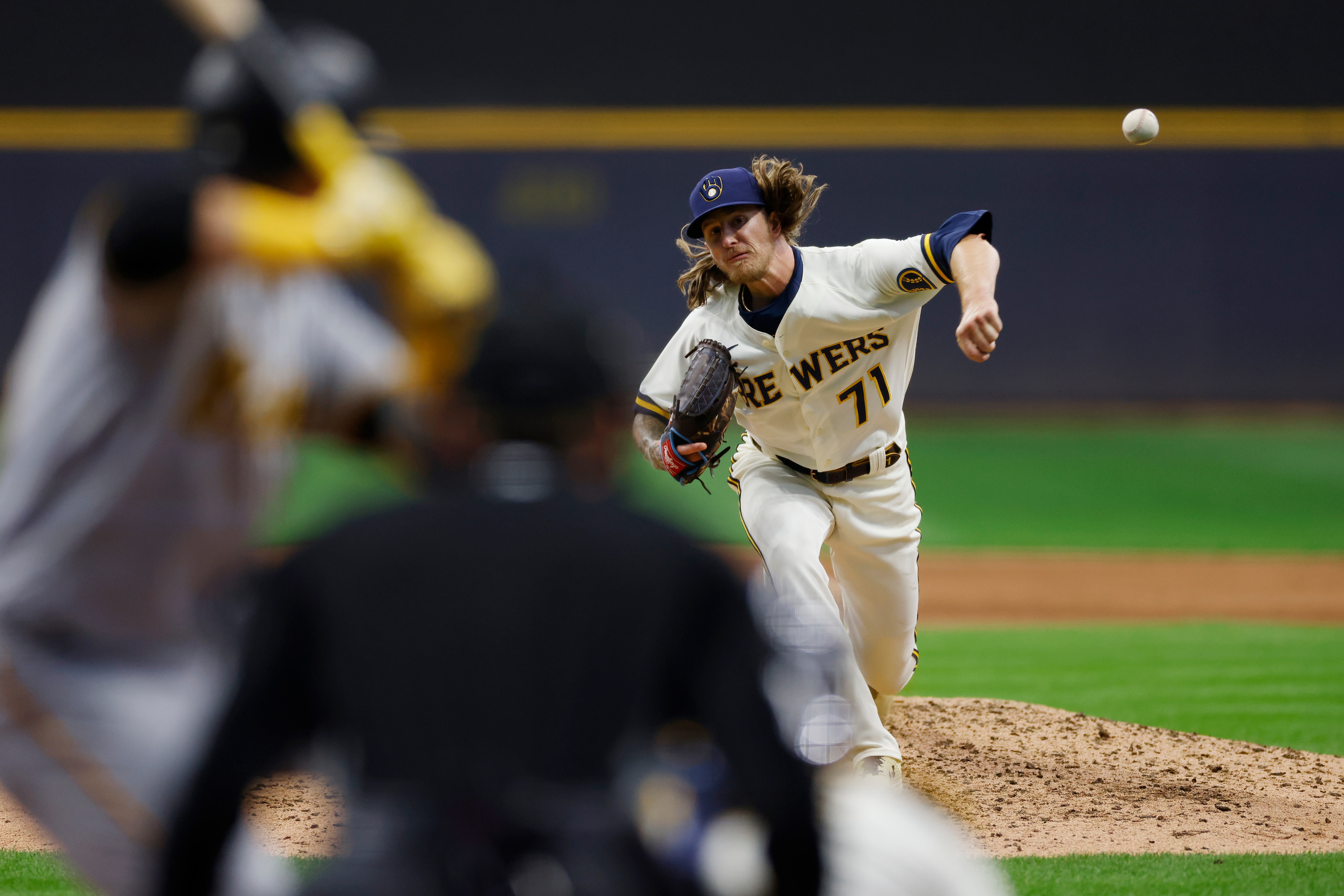 MILWAUKEE, WI - APRIL 20: Milwaukee Brewers relief pitcher Josh Hader (71) delivers a pitch in the ninth inning of an MLB game against the Pittsburgh Pirates on April 20, 2022 at American Family Field in Milwaukee, Wisconsin. (Photo by Joe Robbins/Icon Sportswire via Getty Images)