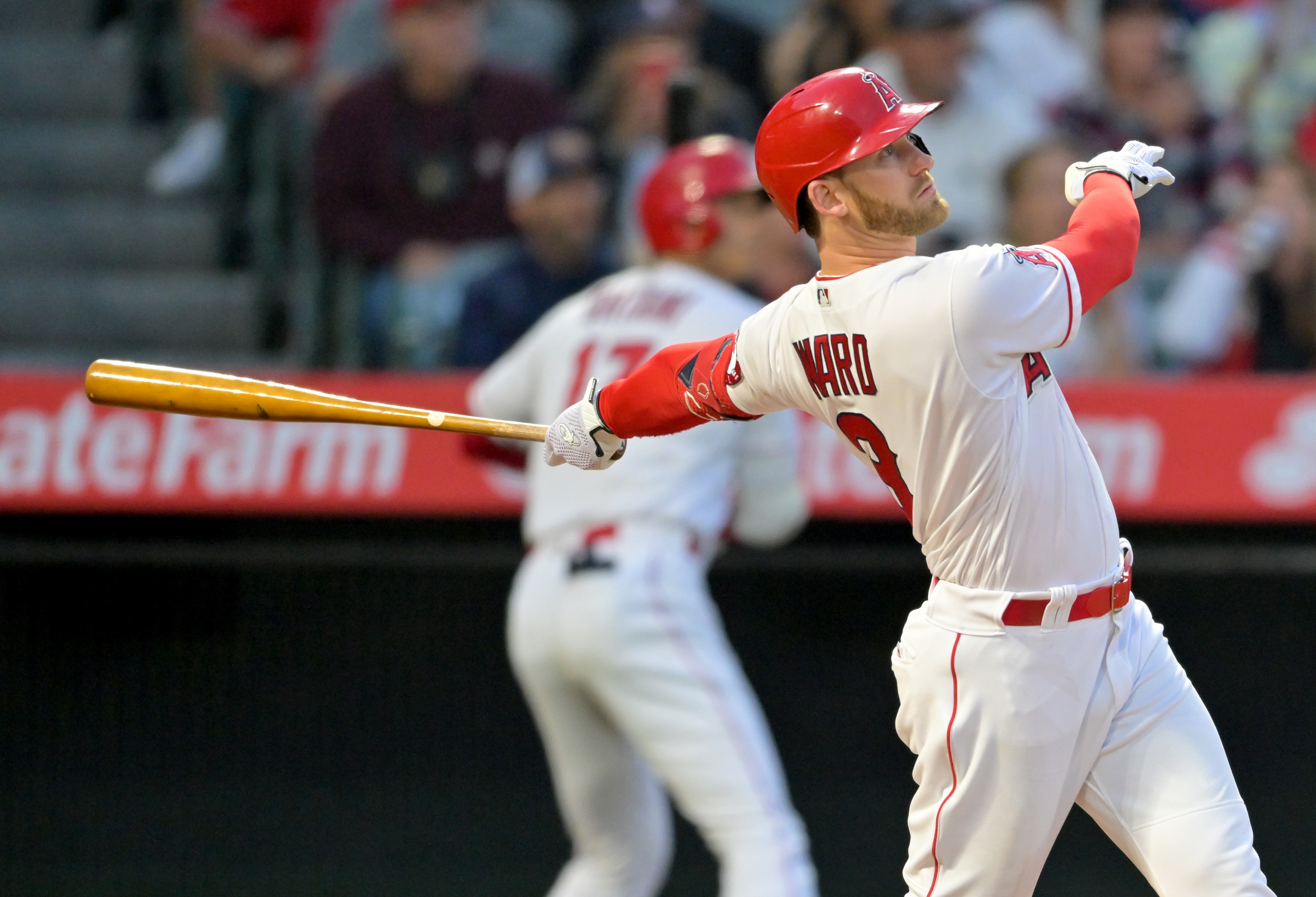 ANAHEIM, CA - APRIL 27: Taylor Ward #3 of the Los Angeles Angels hits a grand slam home run in the game against the Cleveland Guardians at Angel Stadium of Anaheim on April 27, 2022 in Anaheim, California. (Photo by Jayne Kamin-Oncea/Getty Images)