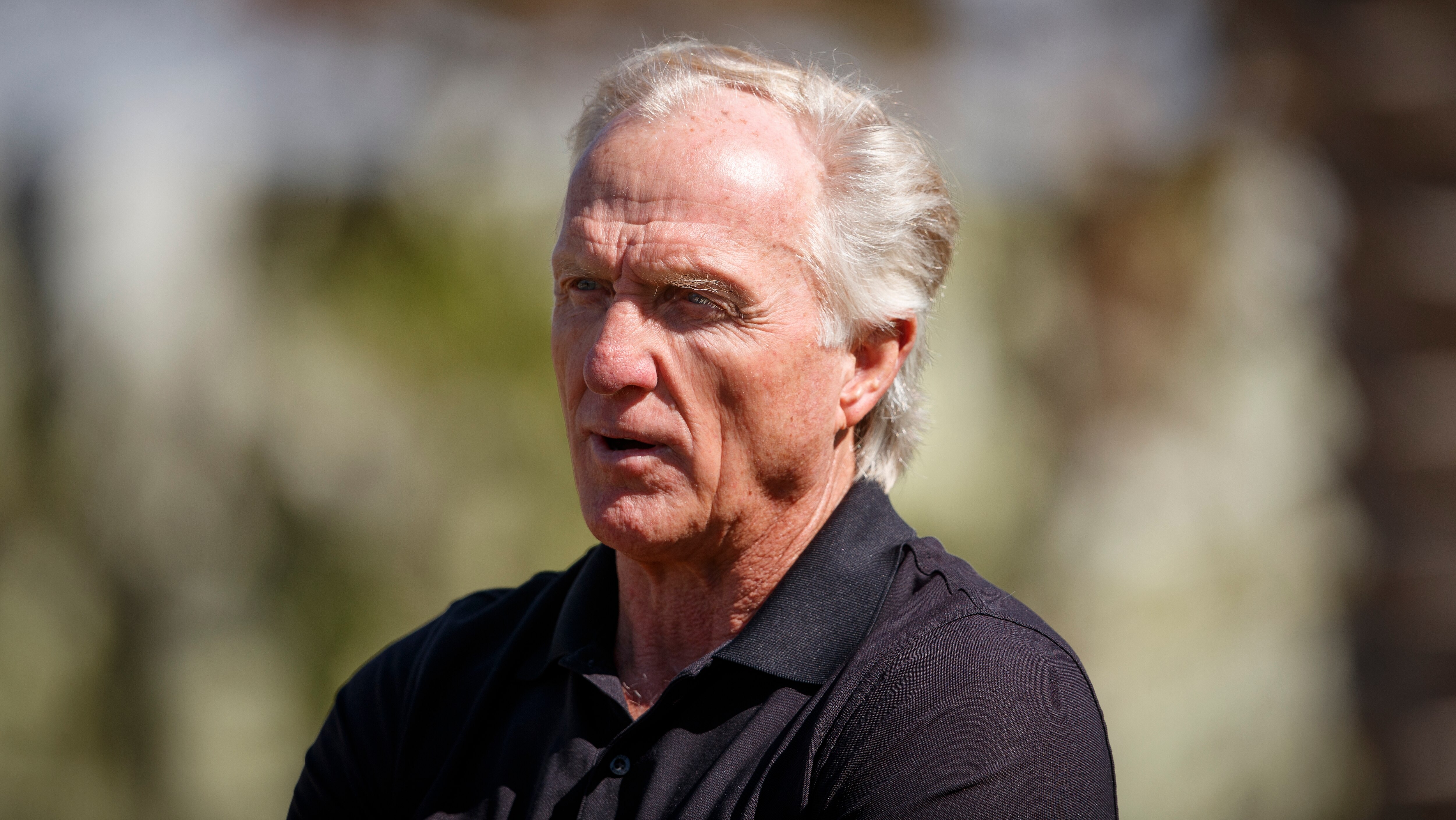 AL MUROOJ, SAUDI ARABIA - FEBRUARY 01: Greg Norman, CEO of Liv Golf Investments talks to the media during a practice round prior to the PIF Saudi International at Royal Greens Golf & Country Club on February 01, 2022 in Al Murooj, Saudi Arabia. (Photo by Oisin Keniry/Getty Images)