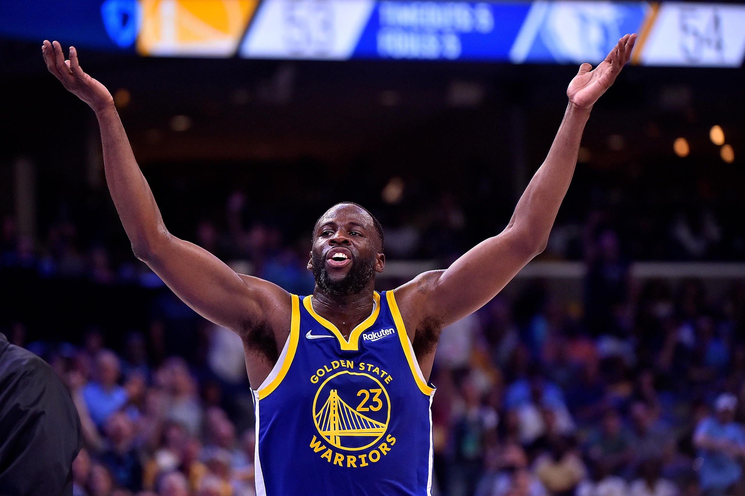 MEMPHIS, TENNESSEE - MAY 01: Draymond Green #23 of the Golden State Warriors reacts after being ejected during Game One of the Western Conference Semifinals of the NBA Playoffs against the Memphis Grizzlies at FedExForum on May 01, 2022 in Memphis, Tennessee. NOTE TO USER: User expressly acknowledges and agrees that, by downloading and or using this photograph, User is consenting to the terms and conditions of the Getty Images License Agreement. (Photo by Justin Ford/Getty Images)