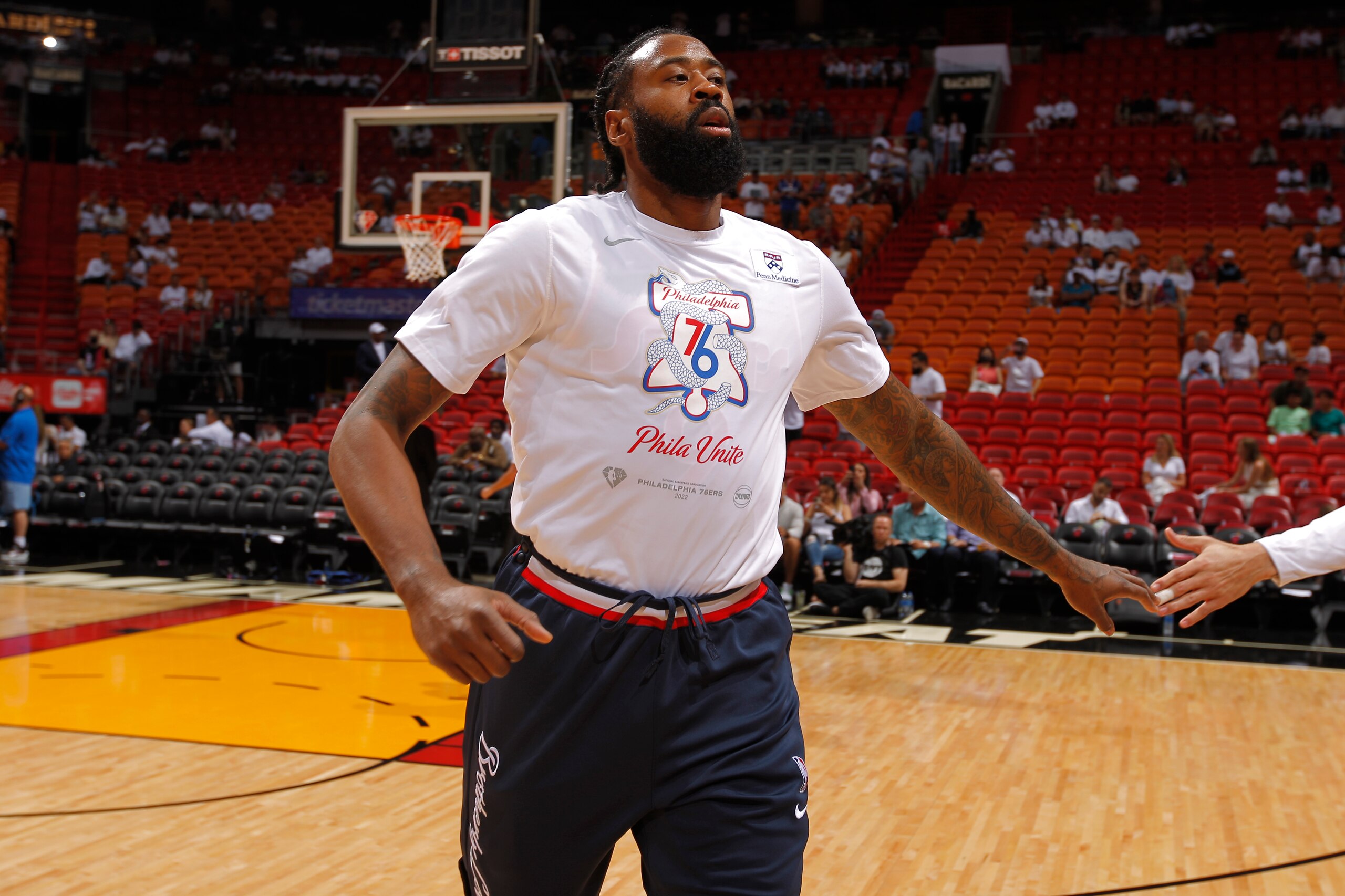MIAMI, FL - MAY 2: DeAndre Jordan #9 of the Philadelphia 76ers high fives before the game against the Miami Heat during Game 1 of the 2022 NBA Playoffs Eastern Conference Semifinals on May 2, 2022 at FTX Arena in Miami, Florida. NOTE TO USER: User expressly acknowledges and agrees that, by downloading and or using this Photograph, user is consenting to the terms and conditions of the Getty Images License Agreement. Mandatory Copyright Notice: Copyright 2022 NBAE (Photo by Issac Baldizon/NBAE via Getty Images) MIAMI, FL - MAY 2: DeAndre Jordan #9 of the Philadelphia 76ers high fives before the game against the Miami Heat during Game 1 of the 2022 NBA Playoffs Eastern Conference Semifinals on May 2, 2022 at FTX Arena in Miami, Florida. NOTE TO USER: User expressly acknowledges and agrees that, by downloading and or using this Photograph, user is consenting to the terms and conditions of the Getty Images License Agreement. Mandatory Copyright Notice: Copyright 2022 NBAE (Photo by Issac Baldizon/NBAE via Getty Images)