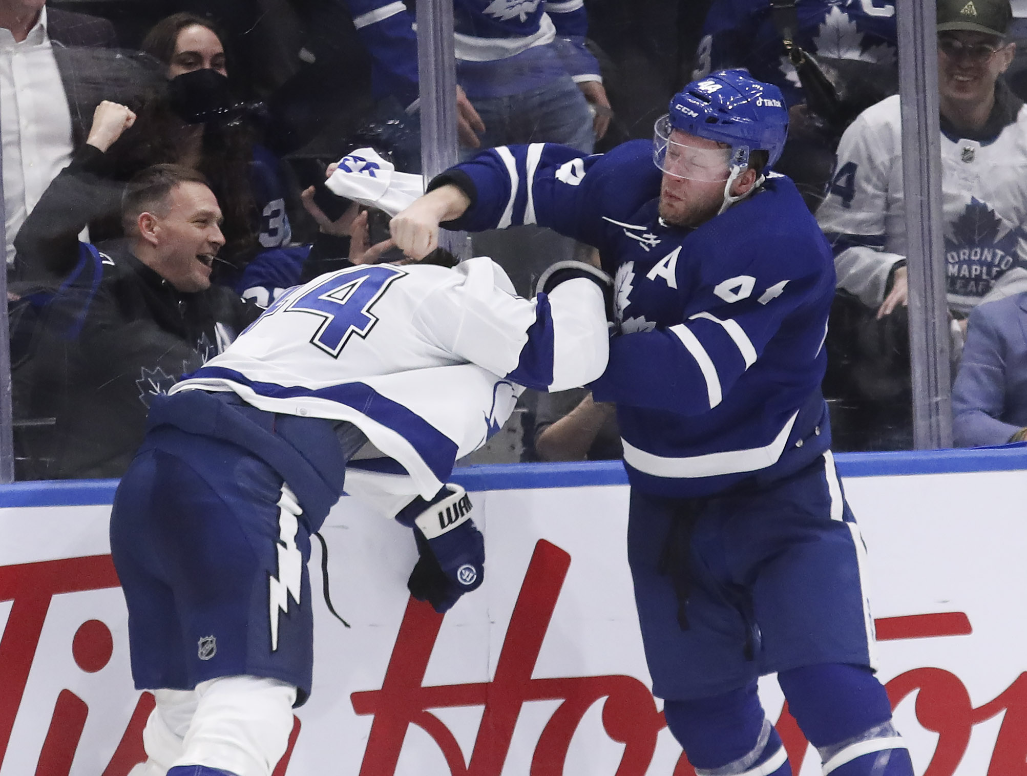 TORONTO, ON - May 2 In third period action, Morgan Rielly (44) of the Toronto Maple Leafs and Jan Rutta (44) of the Tampa Bay Lightning battle it out as part of a full on melee between teams.
The Toronto Maple Leafs beat the Tampa Bay Lightning 5-0 in NHL hockey action at the Scotiabank Arena in Toronto.  This is the first game of the first round of playoffs
May 2 2022        (Richard Lautens/Toronto Star via Getty Images)