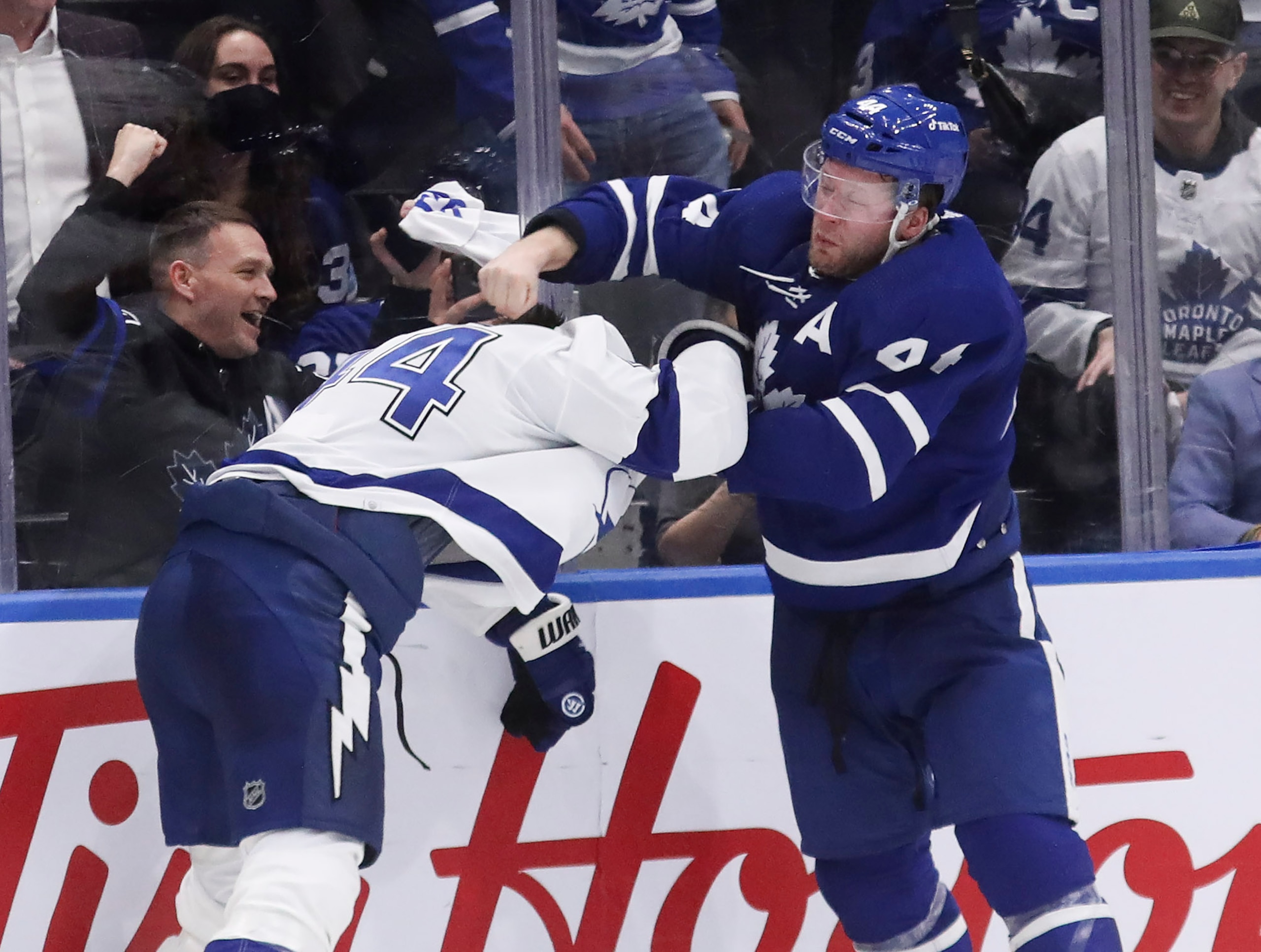 TORONTO, ON - May 2 In third period action, Morgan Rielly (44) of the Toronto Maple Leafs and Jan Rutta (44) of the Tampa Bay Lightning battle it out as part of a full on melee between teams.
The Toronto Maple Leafs beat the Tampa Bay Lightning 5-0 in NHL hockey action at the Scotiabank Arena in Toronto.  This is the first game of the first round of playoffs
May 2 2022        (Richard Lautens/Toronto Star via Getty Images)
