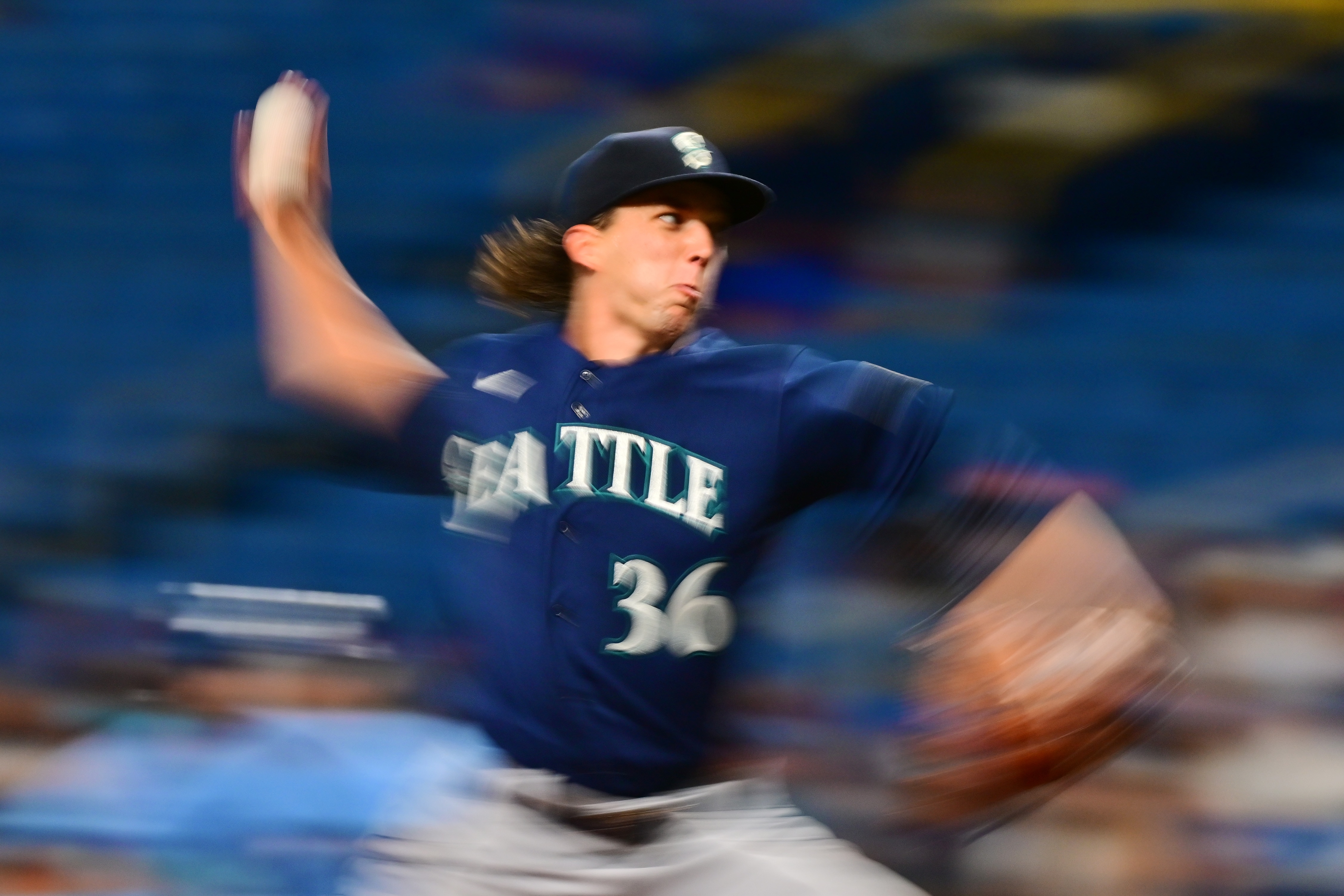 ST PETERSBURG, FLORIDA - APRIL 26: Logan Gilbert #36 of the Seattle Mariners delivers a pitch to the Tampa Bay Rays in the second inning at Tropicana Field on April 26, 2022 in St Petersburg, Florida. (Photo by Julio Aguilar/Getty Images)