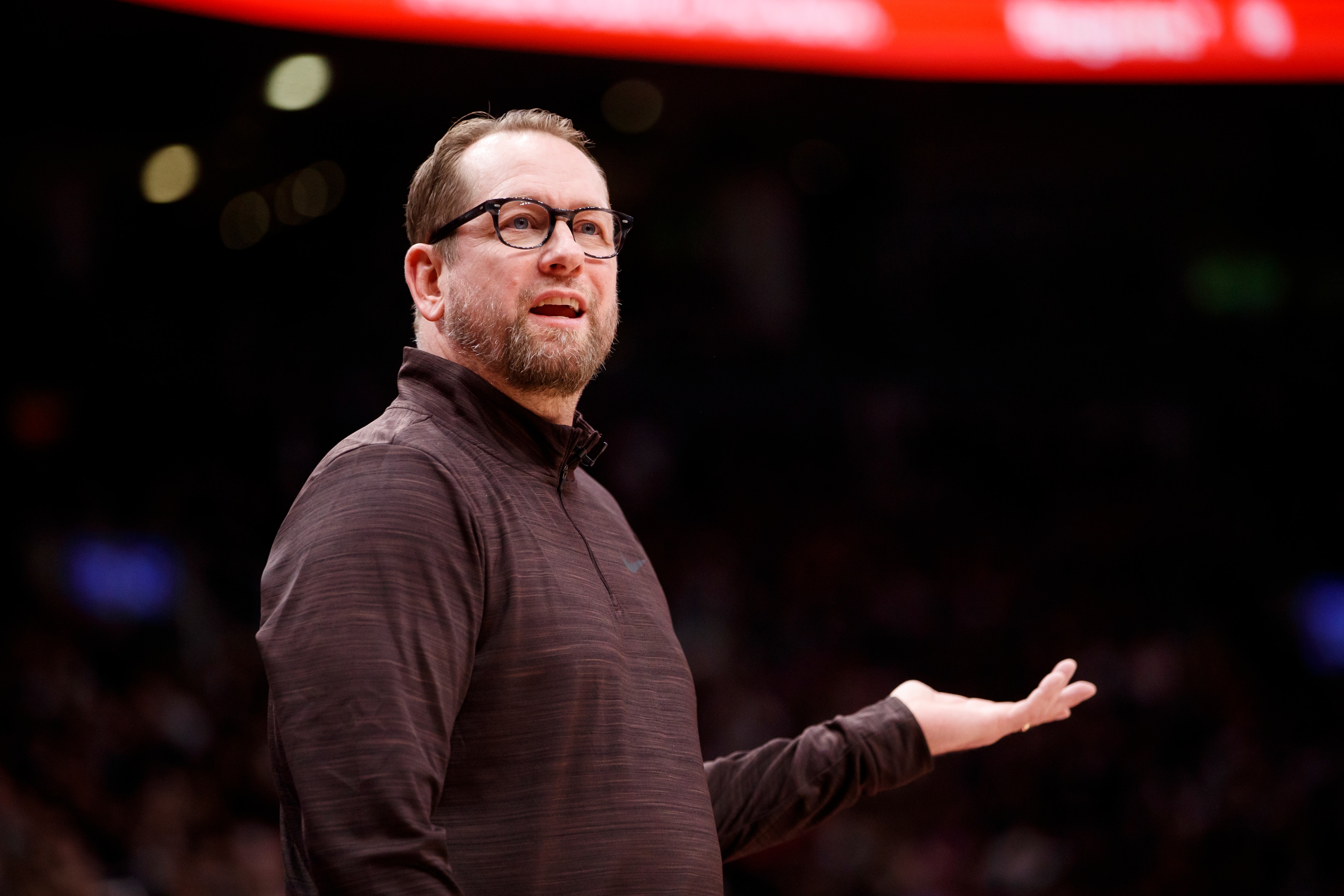 TORONTO, ON - APRIL 23: Nick Nurse, Toronto Raptors head coach reacts to a call in the second half of Game Four of the Eastern Conference First Round against the Philadelphia 76ers at Scotiabank Arena on April 23, 2022 in Toronto, Canada. NOTE TO USER: User expressly acknowledges and agrees that, by downloading and or using this Photograph, user is consenting to the terms and conditions of the Getty Images License Agreement. (Photo by Cole Burston/Getty Images)