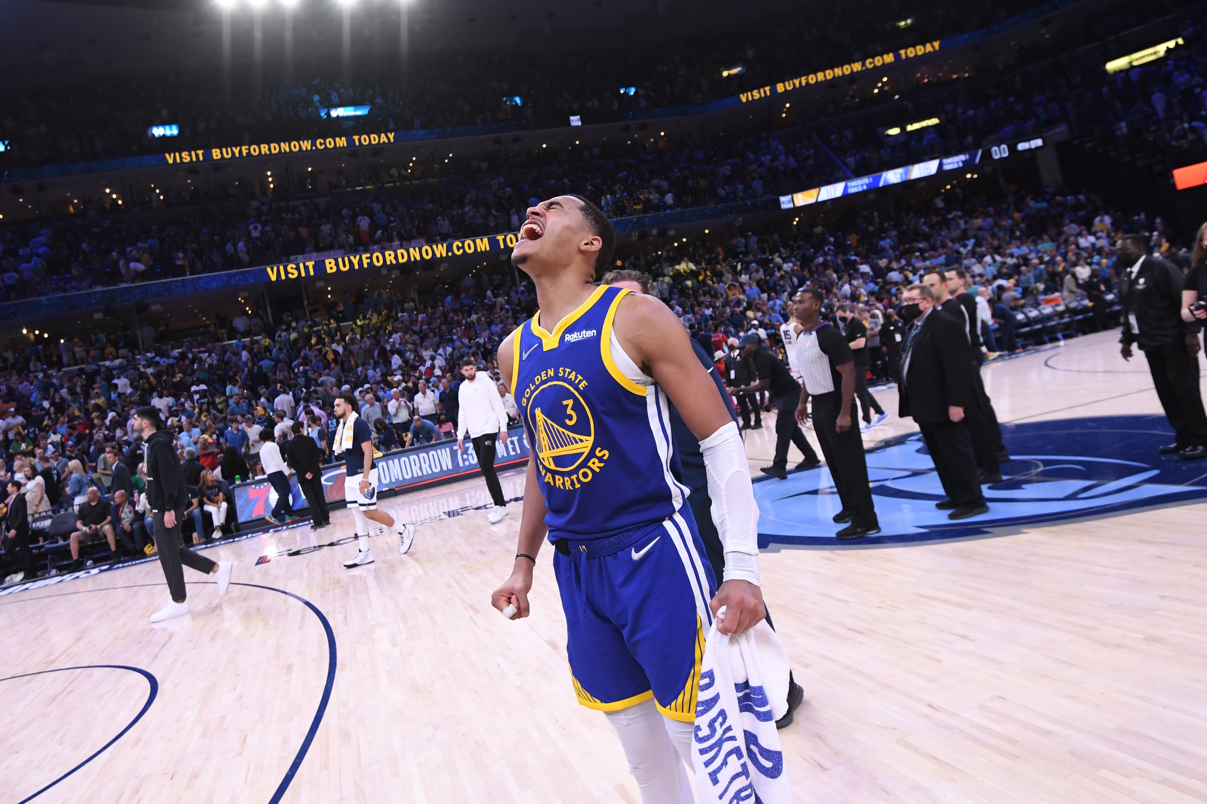 MEMPHIS, TN - MAY 1:  Jordan Poole #3 of the Golden State Warriors celebrates after the game against the Memphis Grizzlies during Game 1 of the 2022 NBA Playoffs Western Conference Semifinals on May 1, 2022 at FedExForum in Memphis, Tennessee. NOTE TO USER: User expressly acknowledges and agrees that, by downloading and or using this photograph, User is consenting to the terms and conditions of the Getty Images License Agreement. Mandatory Copyright Notice: Copyright 2022 NBAE (Photo by Noah Graham/NBAE via Getty Images)