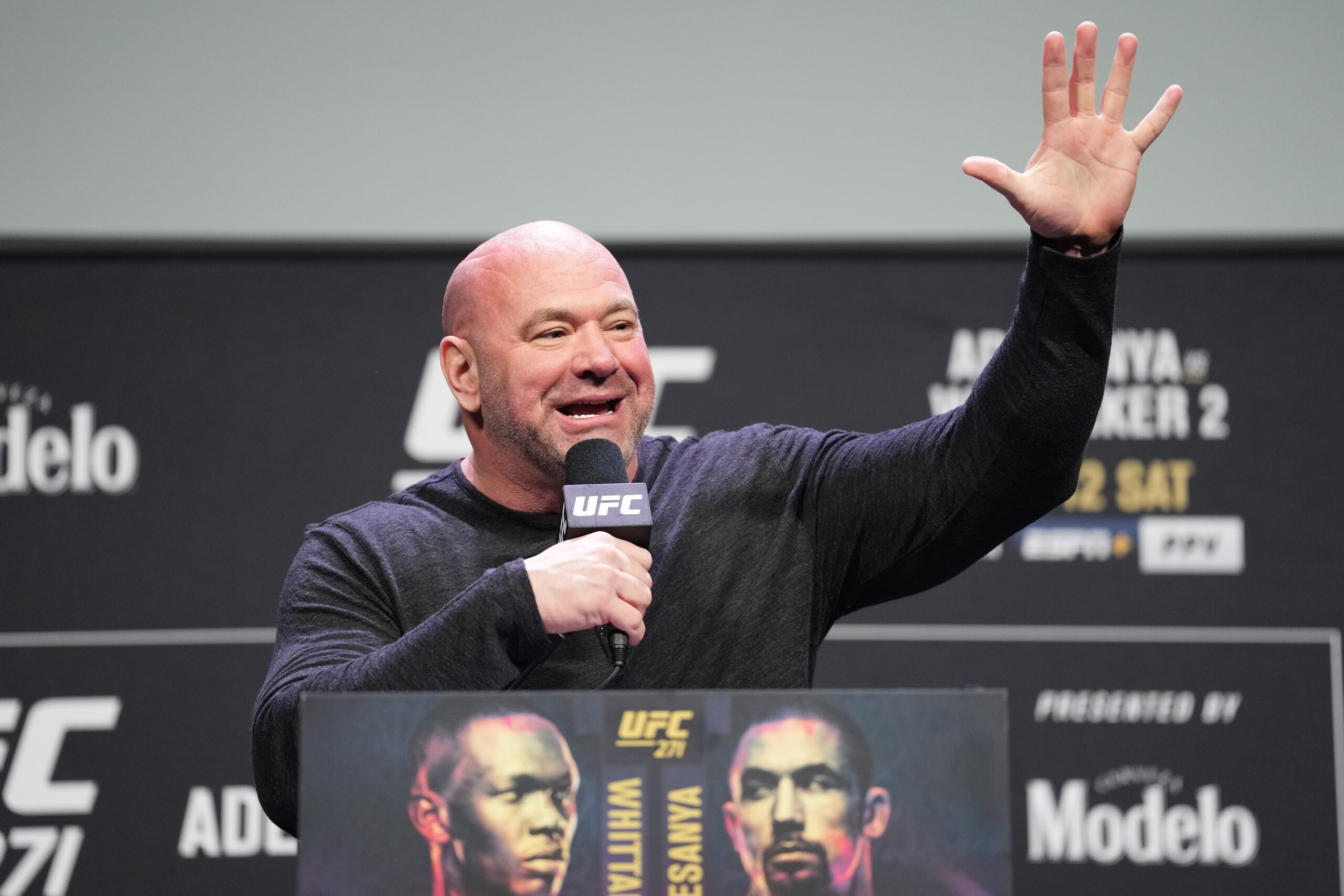 HOUSTON, TEXAS - FEBRUARY 10: UFC President Dana White hosts the UFC 271 press conference at George R. Brown Convention Center on February 10, 2022 in Houston, Texas. (Photo by Josh Hedges/Zuffa LLC) HOUSTON, TEXAS - FEBRUARY 10: UFC President Dana White hosts the UFC 271 press conference at George R. Brown Convention Center on February 10, 2022 in Houston, Texas. (Photo by Josh Hedges/Zuffa LLC)