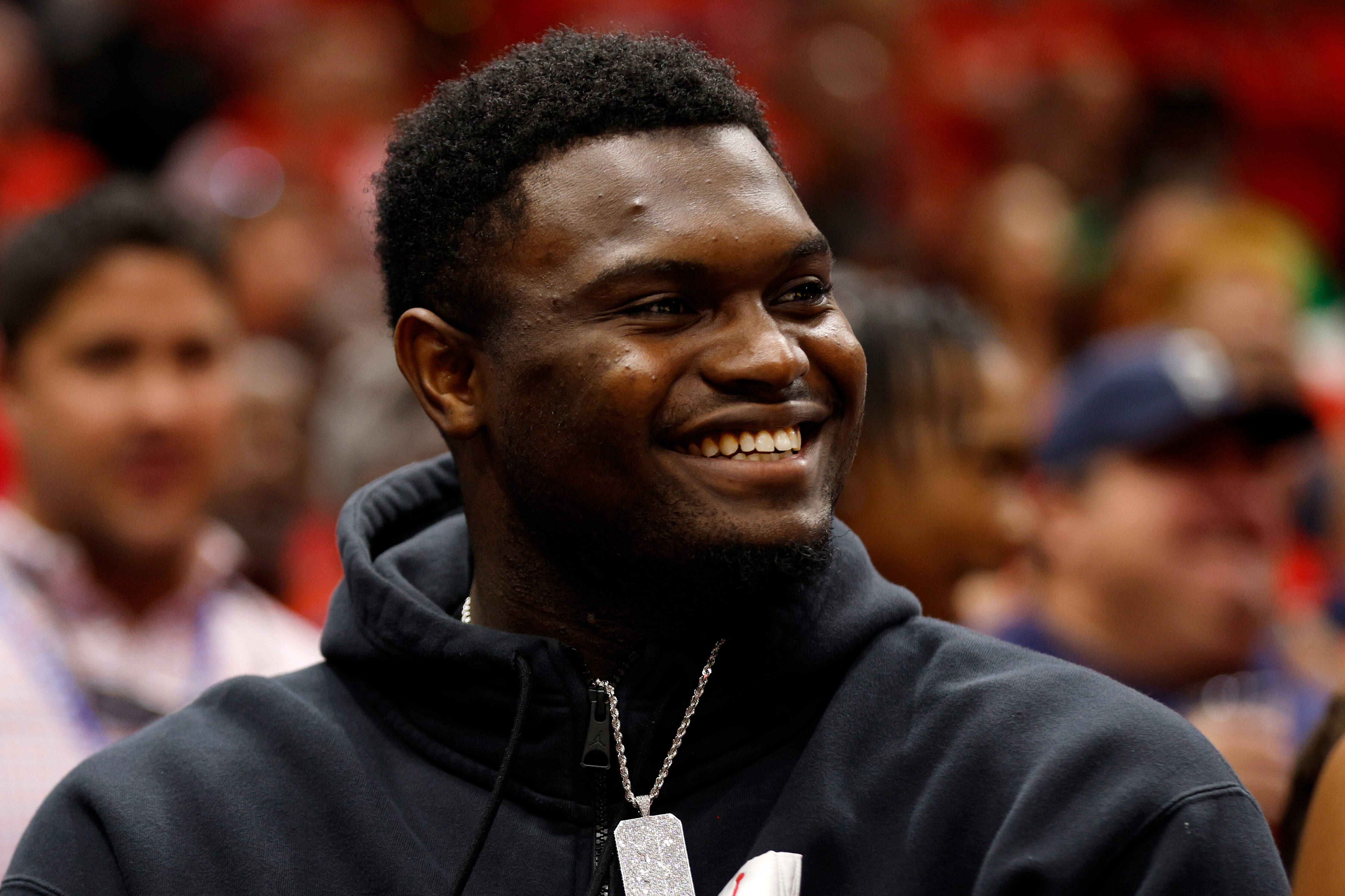 NEW ORLEANS, LOUISIANA - APRIL 28: Zion Williamson #1 of the New Orleans Pelicans looks on during the game against the Phoenix Suns at Smoothie King Center on April 28, 2022 in New Orleans, Louisiana.  NOTE TO USER: User expressly acknowledges and agrees that, by downloading and or using this Photograph, user is consenting to the terms and conditions of the Getty Images License Agreement.  (Photo by Chris Graythen/Getty Images)