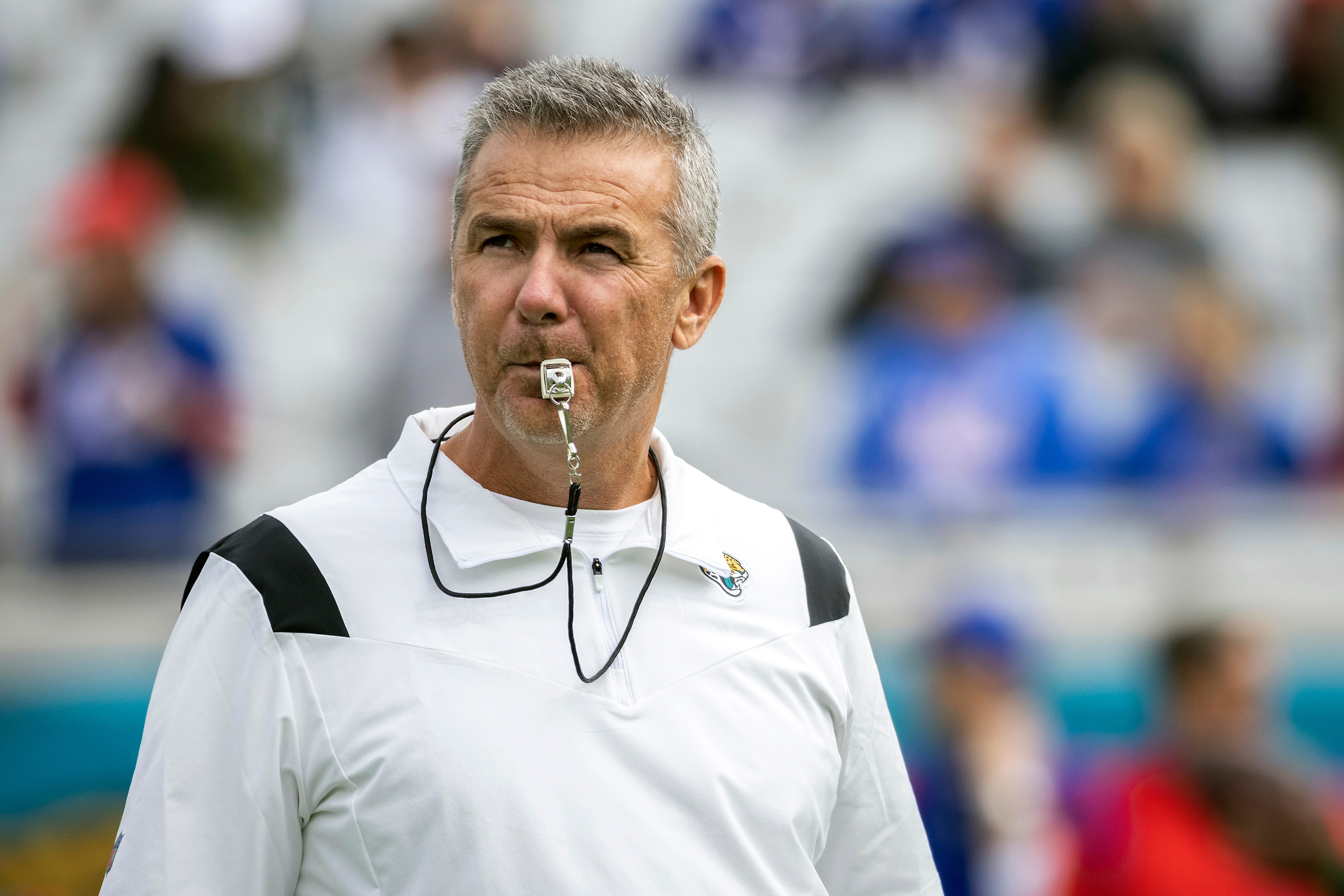 FILE - Jacksonville Jaguars head coach Urban Meyer watches his team warm up before the first half of an NFL football game against the Buffalo Bills, Sunday, Nov. 7, 2021, in Jacksonville, Fla. Urban Meyer's tumultuous NFL tenure ended after just 13 games — and two victories — when the Jacksonville Jaguars fired him early Thursday, Dec. 16, 2021 because of an accumulation of missteps (AP Photo/Stephen B. Morton, File)
