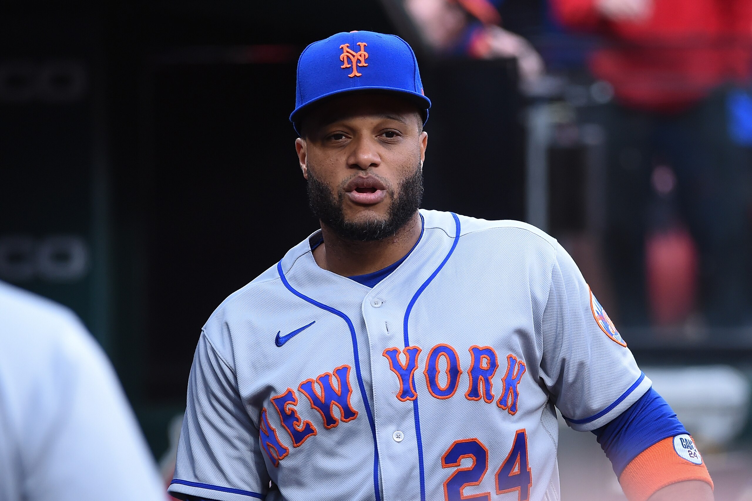 ST LOUIS, MO - APRIL 25: Robinson Cano #24 of the New York Mets looks on against the St. Louis Cardinals at Busch Stadium on April 25, 2022 in St Louis, Missouri. (Photo by Joe Puetz/Getty Images)