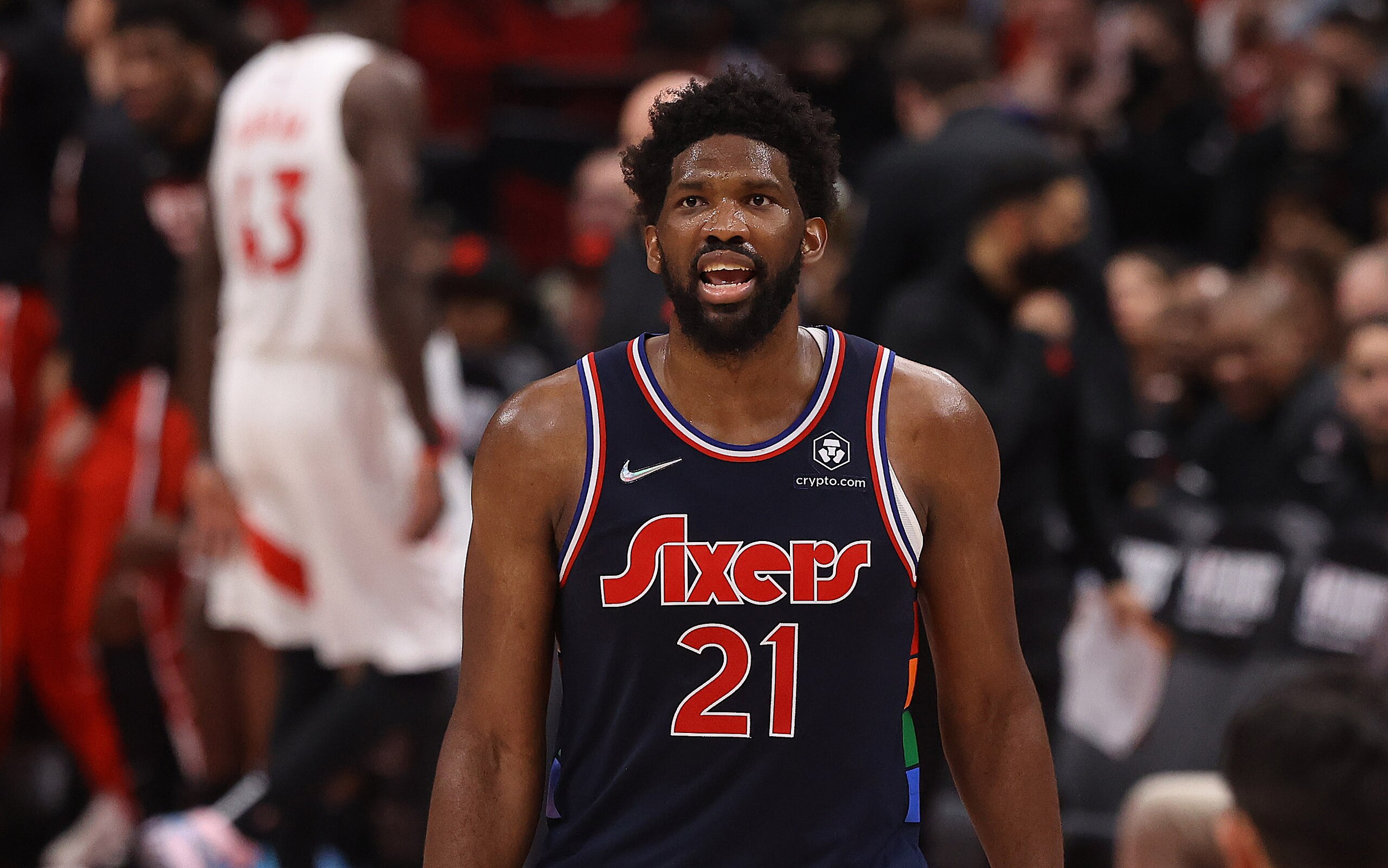 TORONTO, ON- APRIL 28 - Philadelphia 76ers center Joel Embiid (21) as the Toronto Raptors fall the Philadelphia 76ers in Game 6 and lose their first round NBA playoff series 4-2 in Scotiabank Arena in Toronto. April 28, 2022. (Steve Russell/Toronto Star via Getty Images) TORONTO, ON- APRIL 28 - Philadelphia 76ers center Joel Embiid (21) as the Toronto Raptors fall the Philadelphia 76ers in Game 6 and lose their first round NBA playoff series 4-2 in Scotiabank Arena in Toronto. April 28, 2022. (Steve Russell/Toronto Star via Getty Images)