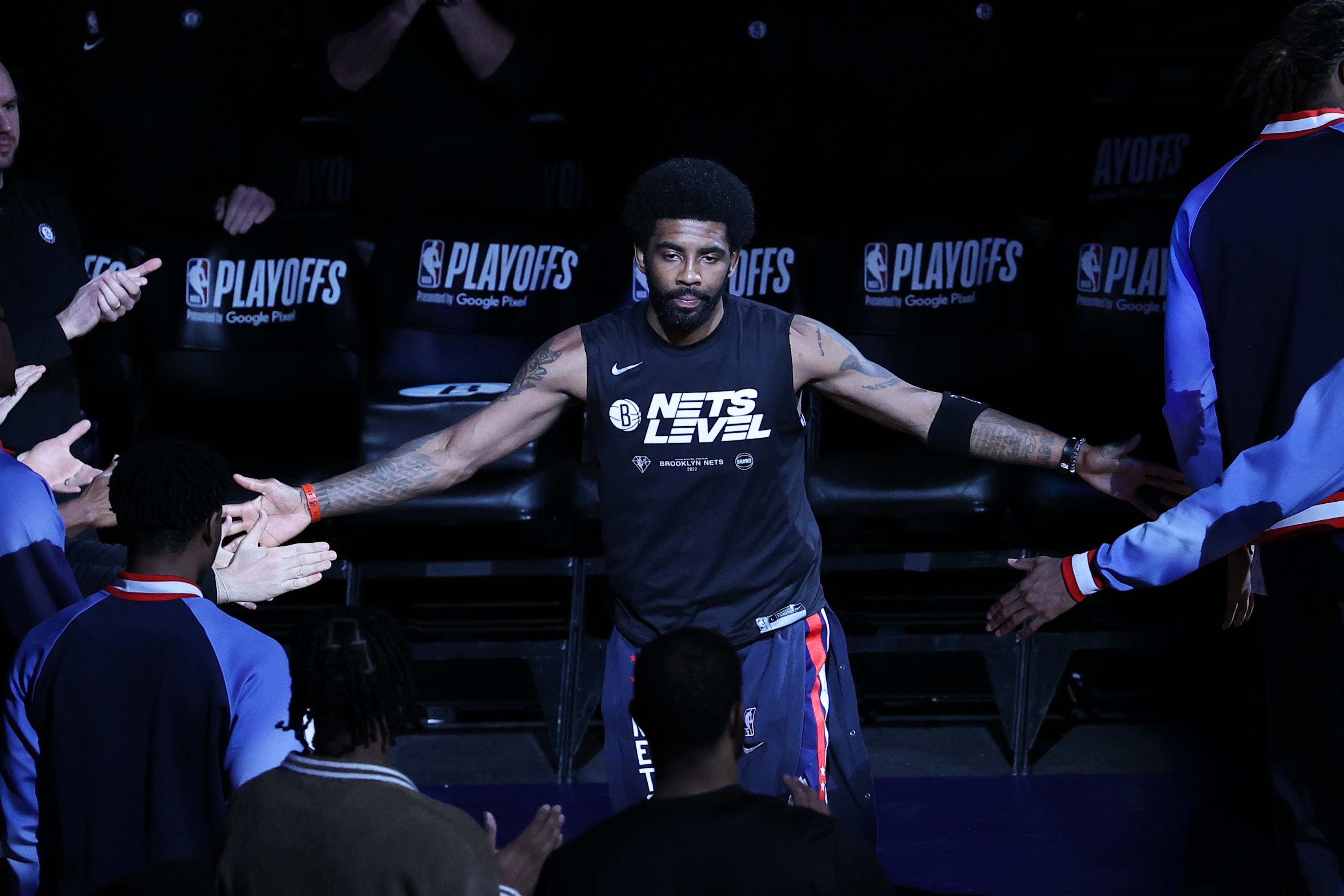 NEW YORK, NY - APRIL 25: Kyrie Irving of Brooklyn Nets enters the court ahead of NBA playoffs game between Brooklyn Nets and Boston Celtics at the Barclays Center in Brooklyn of New York City, United States on April 25, 2022. (Photo by Tayfun Coskun/Anadolu Agency via Getty Images)