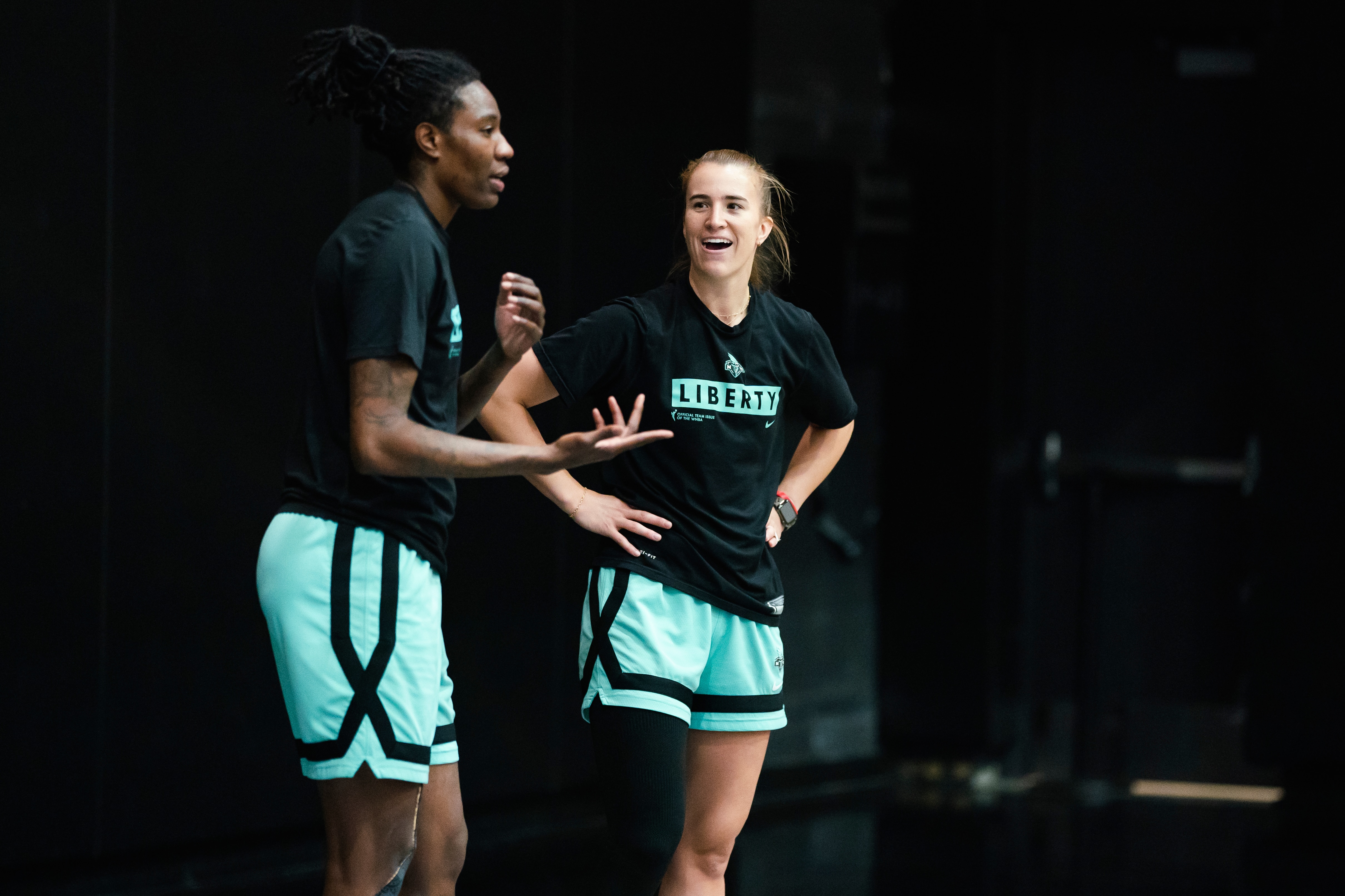 BROOKLYN, NY - APRIL 29: Natasha Howard #6 and Sabrina Ionescu #20 of the New York Liberty talk during practice on April 29, 2022 at the Barclays Center in Brooklyn, New York. NOTE TO USER: User expressly acknowledges and agrees that, by downloading and/or using this photograph, user is consenting to the terms and conditions of the Getty Images License Agreement. Mandatory Copyright Notice: Copyright 2022 NBAE (Photo by Evan Yu/NBAE via Getty Images)
