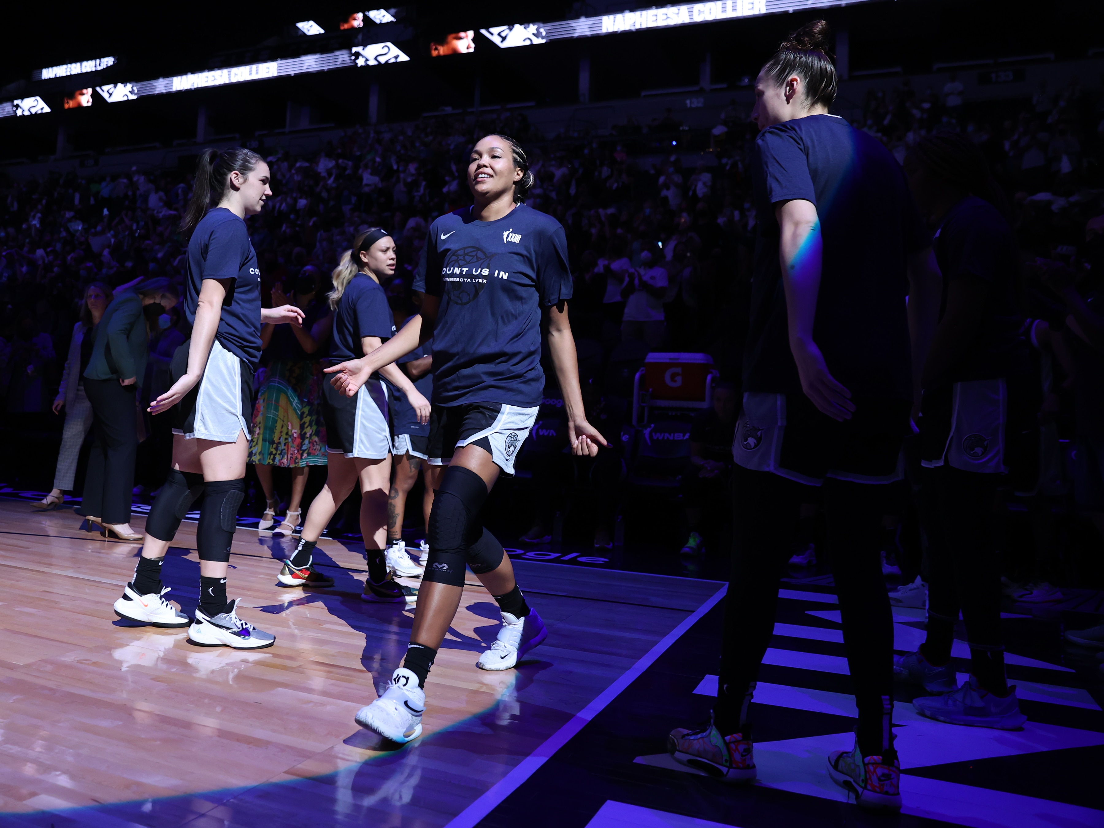 MINNEAPOLIS, MN  - SEPTEMBER 26: Napheesa Collier #24 of the Minnesota Lynx is introduced before the game against the Chicago Sky during the 2021 WNBA Playoffs on September 26, 2021 at Target Center in Minneapolis, Minnesota. NOTE TO USER: User expressly acknowledges and agrees that, by downloading and or using this Photograph, user is consenting to the terms and conditions of the Getty Images License Agreement. Mandatory Copyright Notice: Copyright 2021 NBAE (Photo by David Sherman/NBAE via Getty Images)
