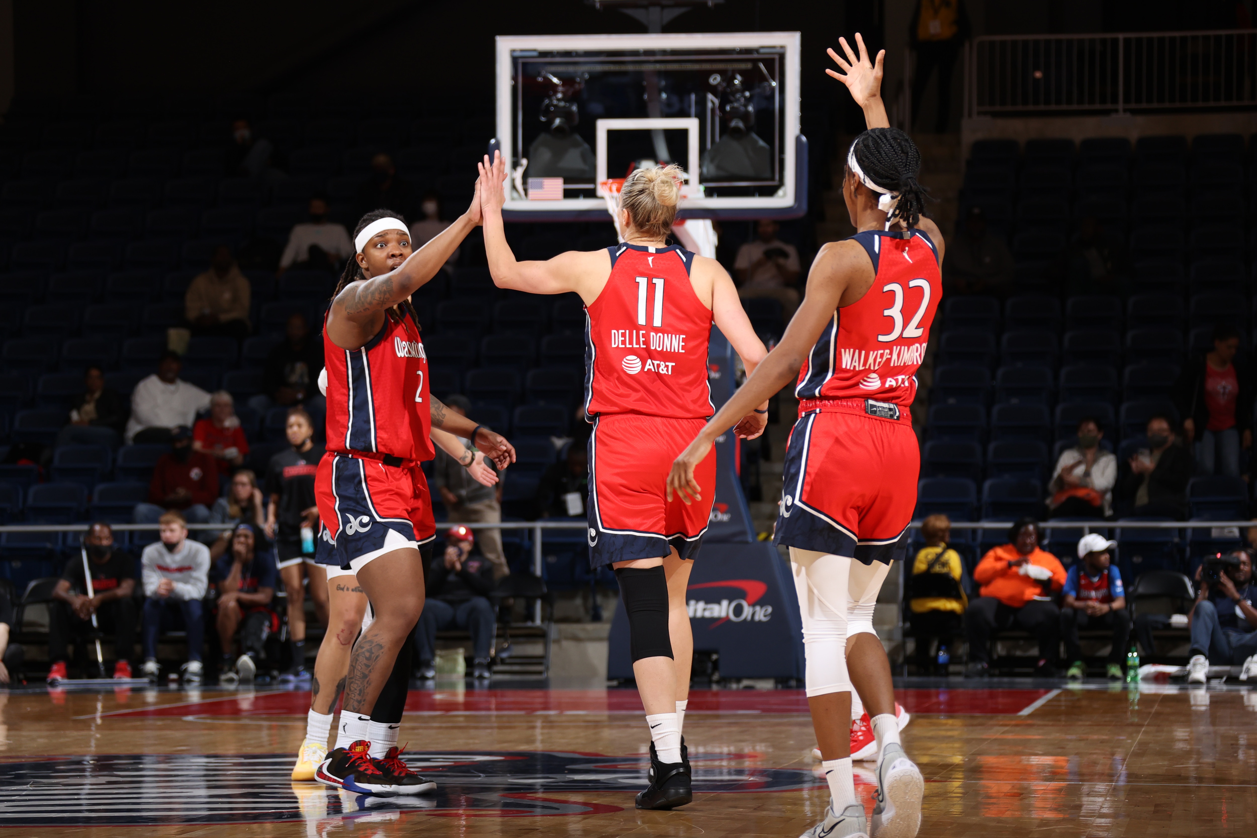 WASHINGTON, D.C.- APRIL 27: Elena Delle Donne #11 of the Washington Mystics celebrates during a preseason game against the Minnesota Lynx on April 27, 2022 at Entertainment and Sports Arena in Washington, D.C. NOTE TO USER: User expressly acknowledges and agrees that, by downloading and or using this photograph, User is consenting to the terms and conditions of the Getty Images License Agreement. Mandatory Copyright Notice: Copyright 2022 NBAE (Photo by Joshua Huston/NBAE via Getty Images)