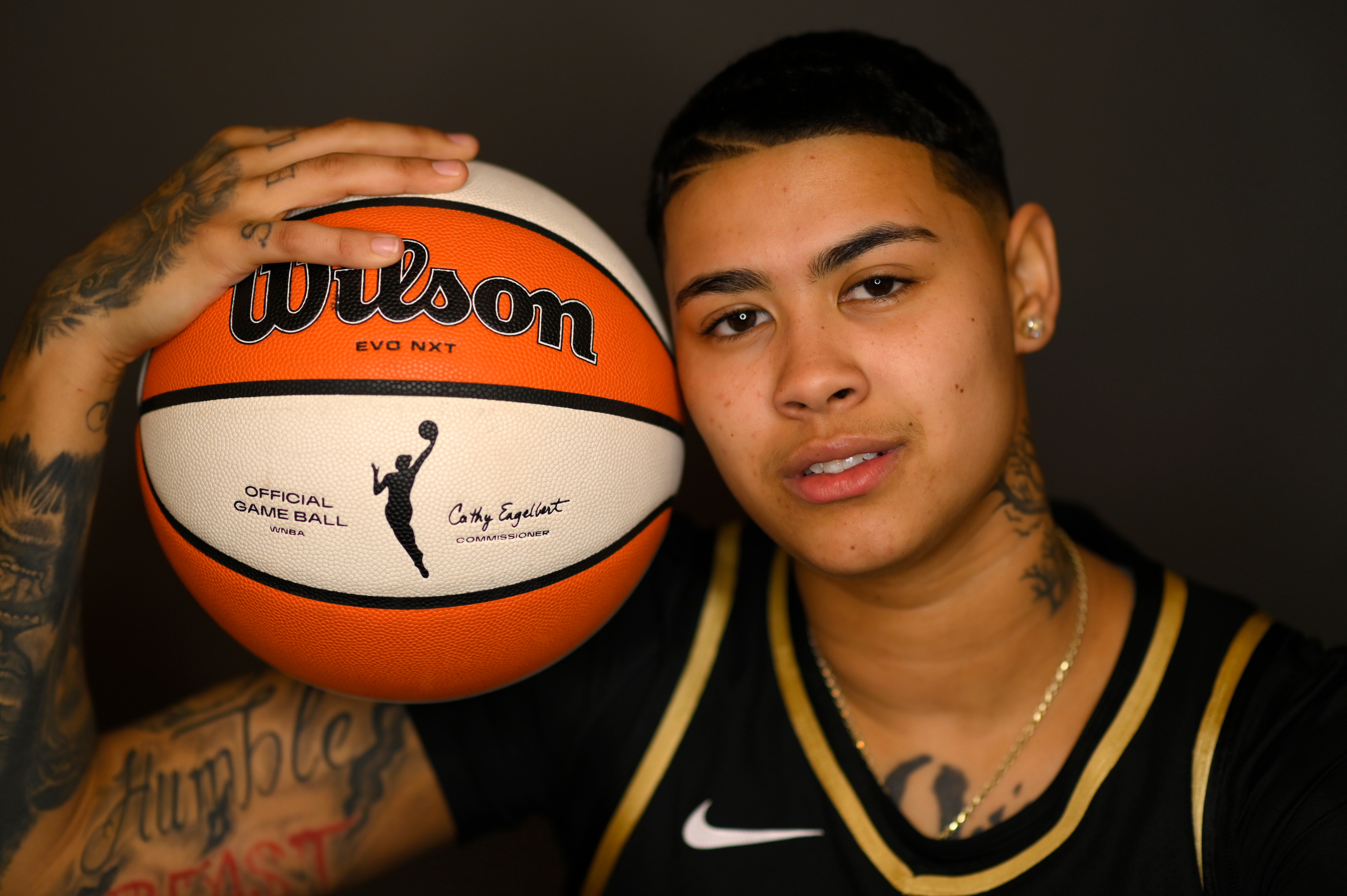 LAS VEGAS - MAY 02:  Kierstan Bell #1 of the Las Vegas Aces poses for a portrait during media day at the Michelob ULTRA Arena on May 2, 2022 in Las Vegas, Nevada. NOTE TO USER: User expressly acknowledges and agrees that, by downloading and or using this photograph, User is consenting to the terms and conditions of the Getty Images License Agreement. (Photo by David Becker/NBAE via Getty Images)