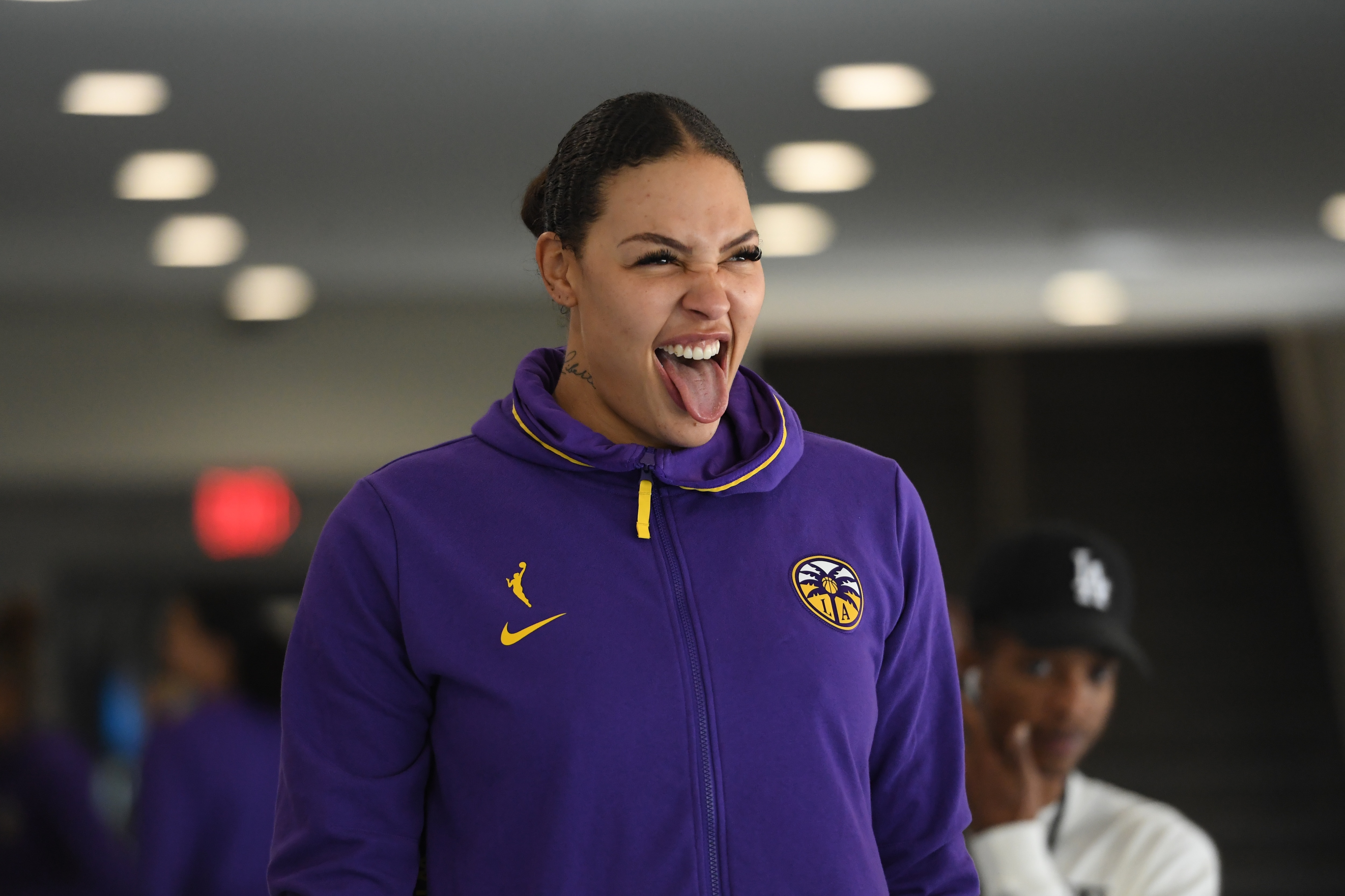 LOS ANGELES, CA - APRIL 30: Liz Cambage #1 of the Los Angeles Sparks arrives to the arena before the game against the Phoenix Mercury  on April 30th, 2022 at Crypto.Com Arena in Los Angeles, California. NOTE TO USER: User expressly acknowledges and agrees that, by downloading and/or using this Photograph, user is consenting to the terms and conditions of the Getty Images License Agreement. Mandatory Copyright Notice: Copyright 2022 NBAE (Photo by Juan Ocampo/NBAE via Getty Images)