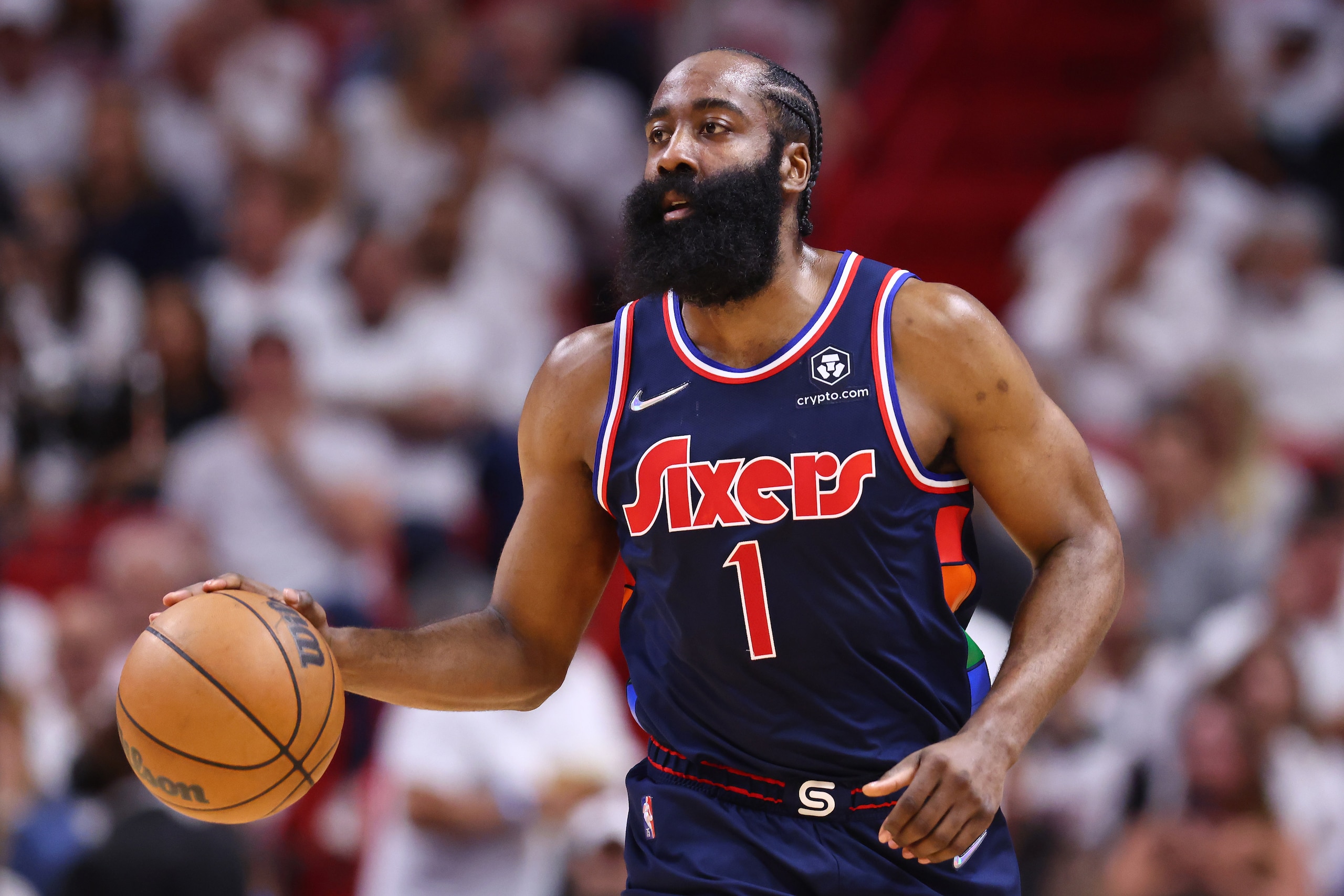 MIAMI, FLORIDA - MAY 02: James Harden #1 of the Philadelphia 76ers dribbles up the court against the Miami Heat during the first half in Game One of the Eastern Conference Semifinals at FTX Arena on May 02, 2022 in Miami, Florida. NOTE TO USER: User expressly acknowledges and agrees that, by downloading and or using this photograph, User is consenting to the terms and conditions of the Getty Images License Agreement. (Photo by Michael Reaves/Getty Images)
