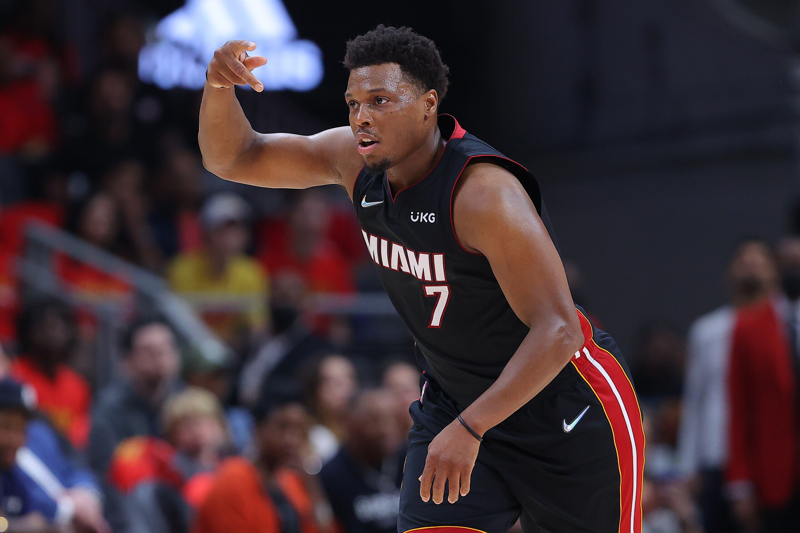 ATLANTA, GEORGIA - APRIL 22: Kyle Lowry #7 of the Miami Heat reacts against the Atlanta Hawks during second half in Game Three of the Eastern Conference First Round at State Farm Arena on April 22, 2022 in Atlanta, Georgia. NOTE TO USER: User expressly acknowledges and agrees that, by downloading and or using this photograph, User is consenting to the terms and conditions of the Getty Images License Agreement. (Photo by Kevin C. Cox/Getty Images) ATLANTA, GEORGIA - APRIL 22: Kyle Lowry #7 of the Miami Heat reacts against the Atlanta Hawks during second half in Game Three of the Eastern Conference First Round at State Farm Arena on April 22, 2022 in Atlanta, Georgia. NOTE TO USER: User expressly acknowledges and agrees that, by downloading and or using this photograph, User is consenting to the terms and conditions of the Getty Images License Agreement. (Photo by Kevin C. Cox/Getty Images)