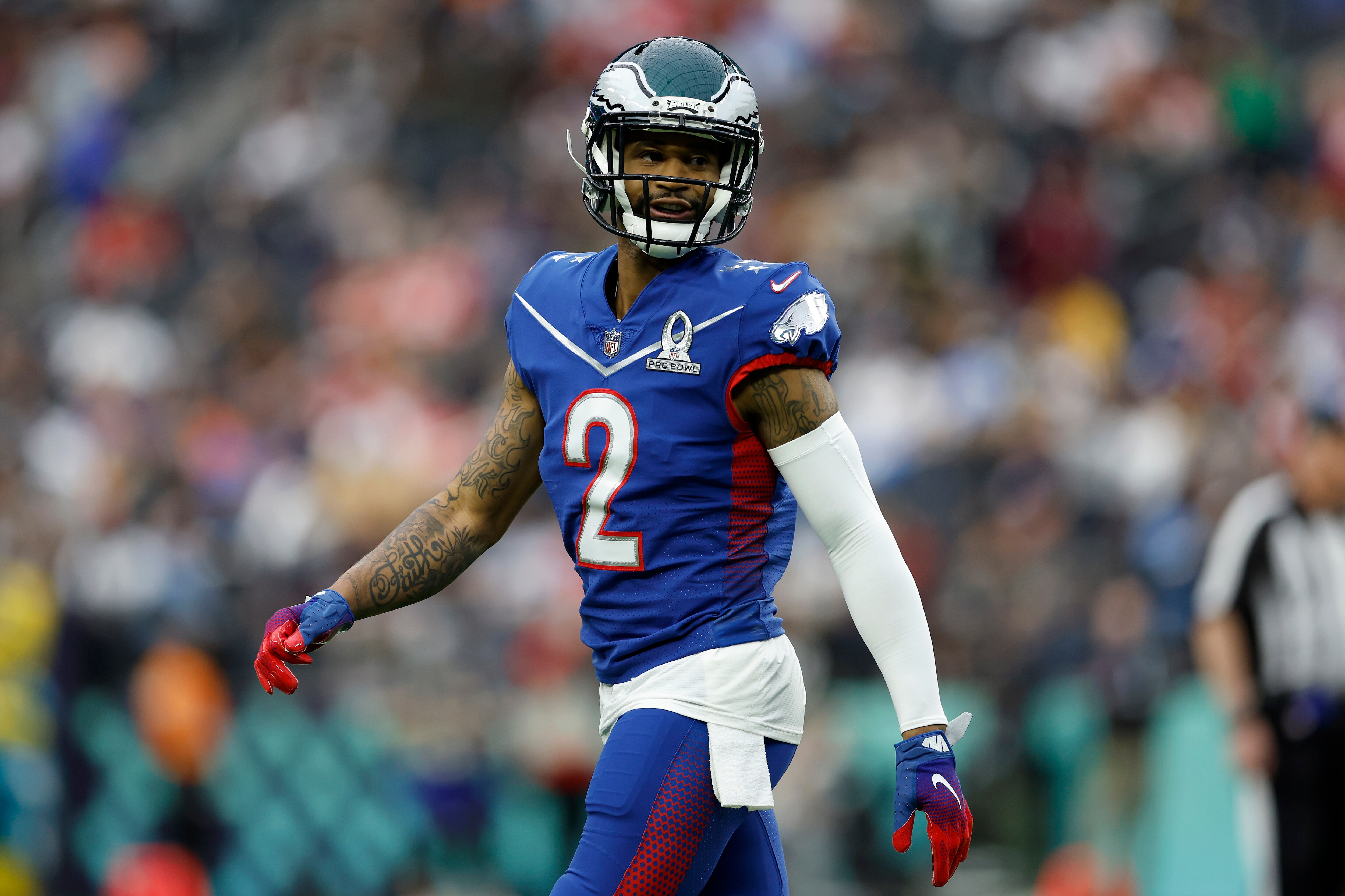 LAS VEGAS, NEVADA - FEBRUARY 06: Darius Slay #2 of the Philadelphia Eagles and NFC reacts during the first half of the 2022 NFL Pro Bowl against the AFC at Allegiant Stadium on February 06, 2022 in Las Vegas, Nevada. (Photo by Christian Petersen/Getty Images)