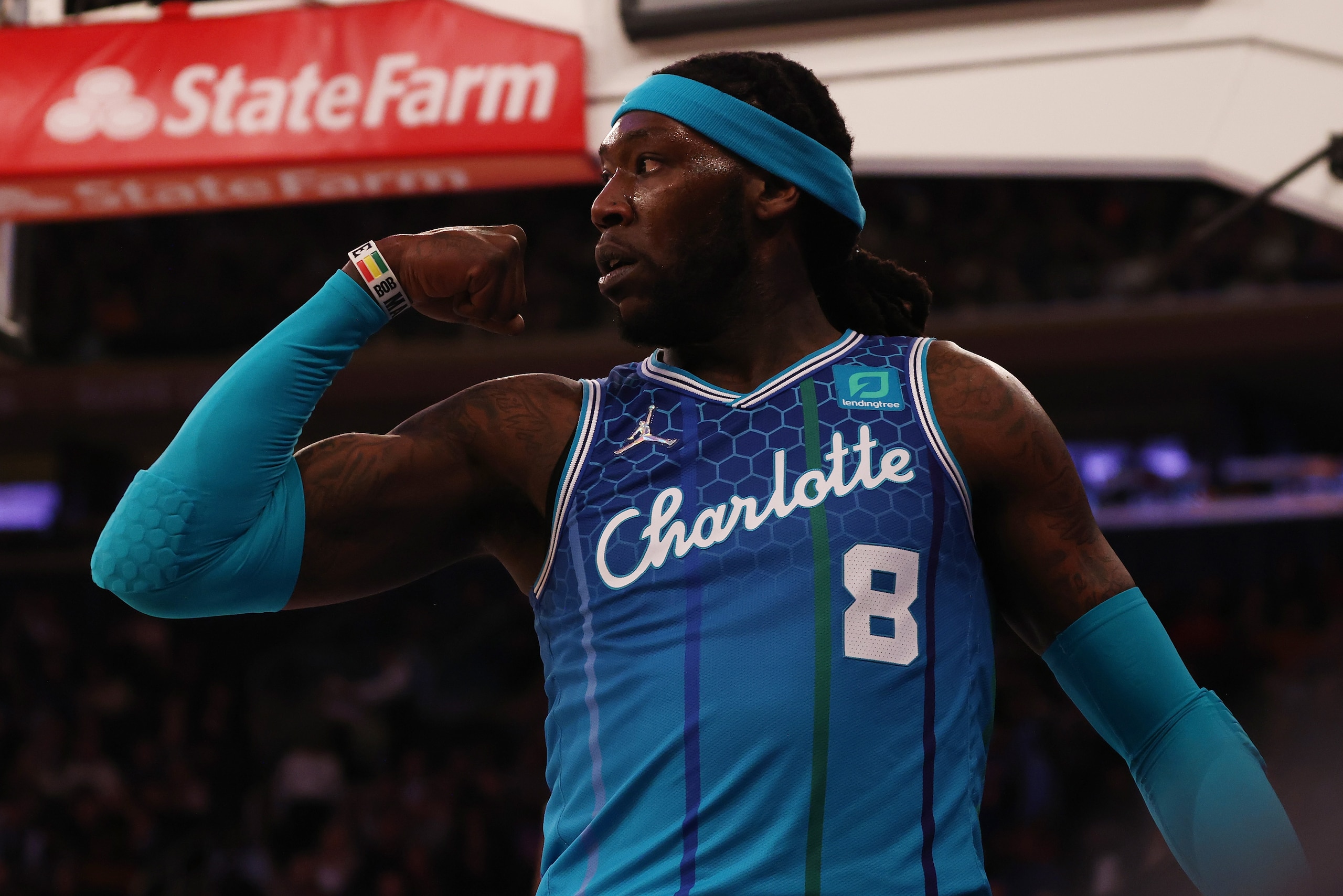 NEW YORK, NEW YORK - MARCH 30: Montrezl Harrell #8 of the Charlotte Hornets in action against the New York Knicks at Madison Square Garden on March 30, 2022 in New York City. NOTE TO USER: User expressly acknowledges and agrees that, by downloading and or using this photograph, User is consenting to the terms and conditions of the Getty Images License Agreement. Charlotte Hornets defeated the New York Knicks 125-114. (Photo by Mike Stobe/Getty Images)