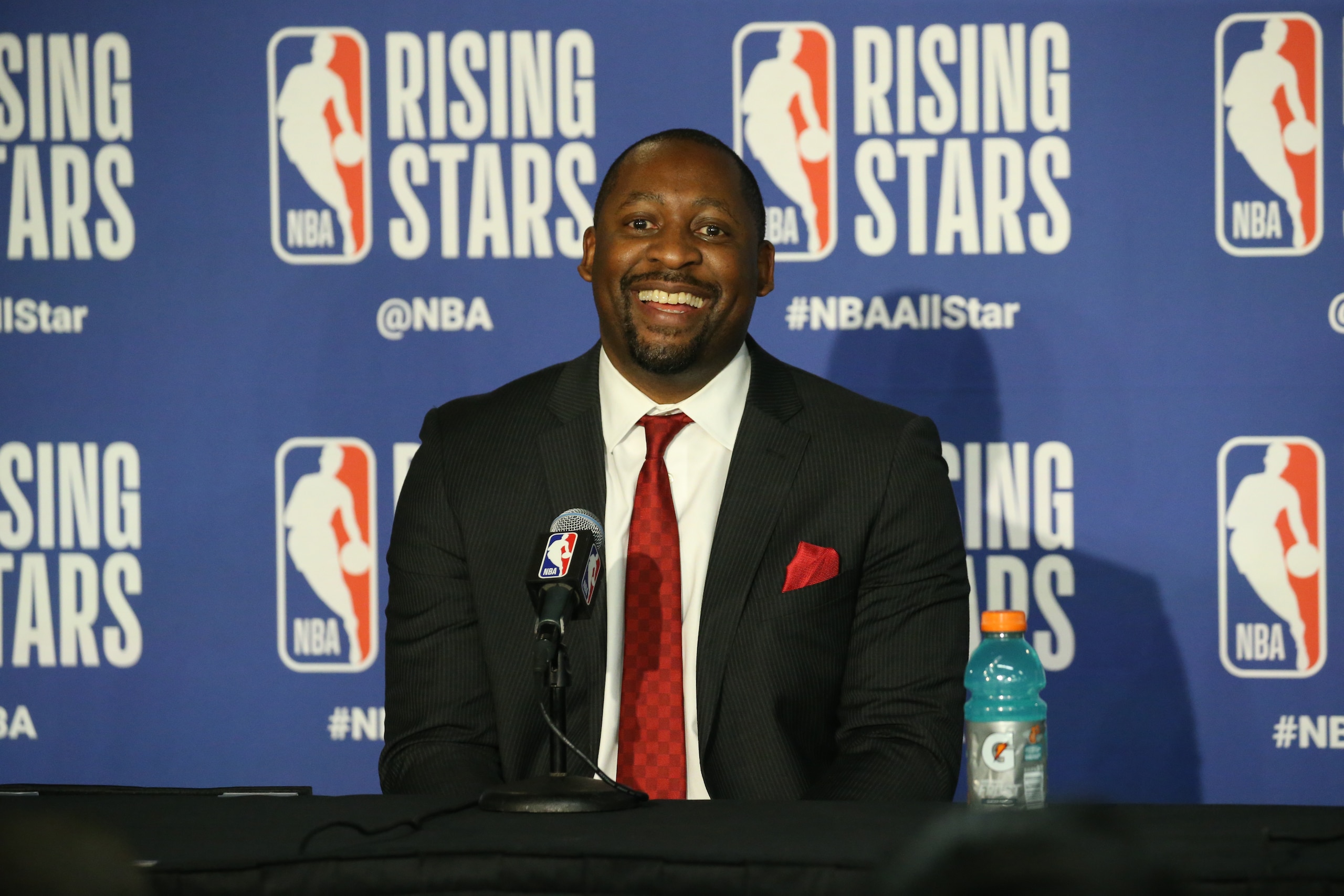 CHICAGO, IL - FEBRUARY 14: Head Coach Adrian Griffin of Team World speaks to the media following the 2020 NBA All-Star Rising Stars Game on February 14, 2020 at the United Center in Chicago, Illinois. NOTE TO USER: User expressly acknowledges and agrees that, by downloading and or using this photograph, User is consenting to the terms and conditions of the Getty Images License Agreement. Mandatory Copyright Notice: Copyright 2020 NBAE (Photo by Gary Dineen/NBAE via Getty Images)