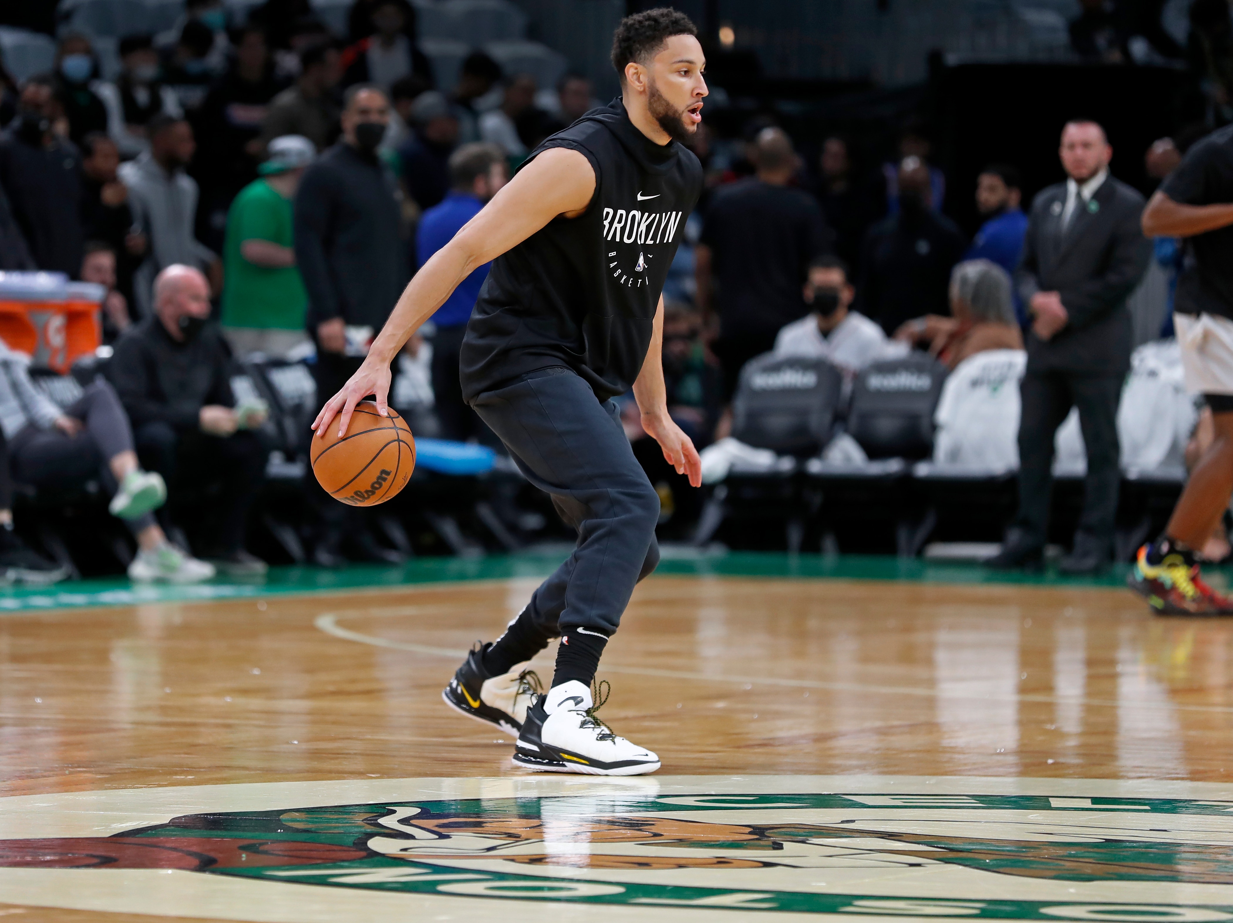 Boston - April 17: The Nets Ben Simmons is pictured working out on the court before the game. The Boston Celtics hosted the Brooklyn Nets in Game One of the NBA first round playoff series at the TD Garden in Boston on April 17, 2022. (Photo by Jim Davis/The Boston Globe via Getty Images)
