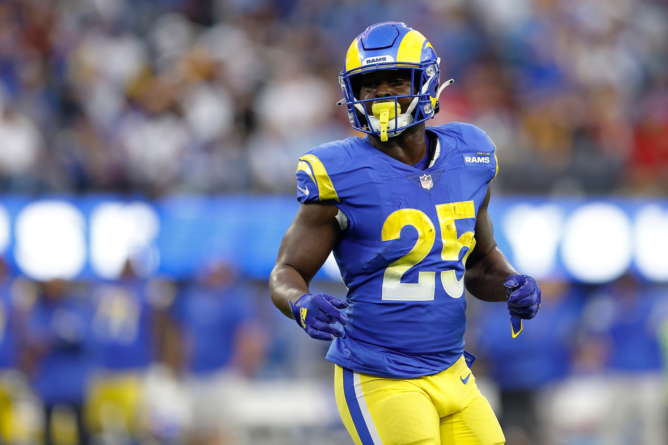 INGLEWOOD, CALIFORNIA - JANUARY 30: Sony Michel #25 of the Los Angeles Rams looks on during the game against the San Francisco 49ers in the NFC Championship Game at SoFi Stadium on January 30, 2022 in Inglewood, California. (Photo by Christian Petersen/Getty Images)