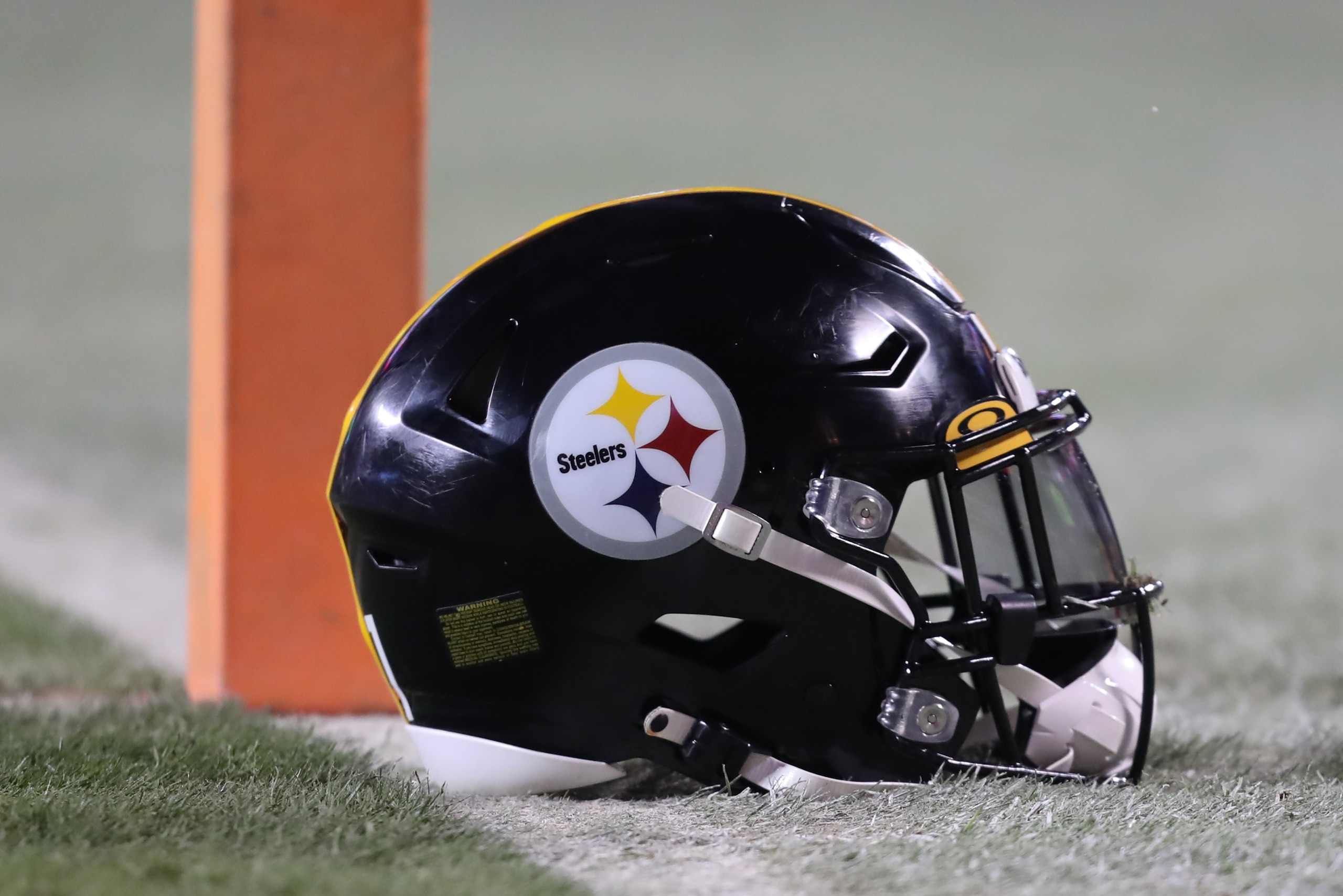 KANSAS CITY, MO - JANUARY 16: A view of a Pittsburgh Steelers helmet before an AFC wild card playoff game between the Pittsburgh Steelers and Kansas City Chiefs on Jan 16, 2022 at GEHA Field at Arrowhead Stadium in Kansas City, MO. (Photo by Scott Winters/Icon Sportswire via Getty Images)
