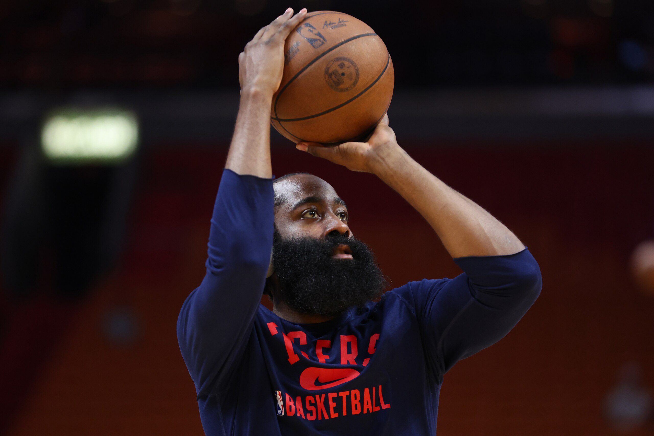 MIAMI, FLORIDA - MAY 04: James Harden #1 of the Philadelphia 76ers warms up prior to Game Two of the Eastern Conference Semifinals against the Miami Heat at FTX Arena on May 04, 2022 in Miami, Florida. NOTE TO USER: User expressly acknowledges and agrees that, by downloading and or using this photograph, User is consenting to the terms and conditions of the Getty Images License Agreement. (Photo by Michael Reaves/Getty Images)