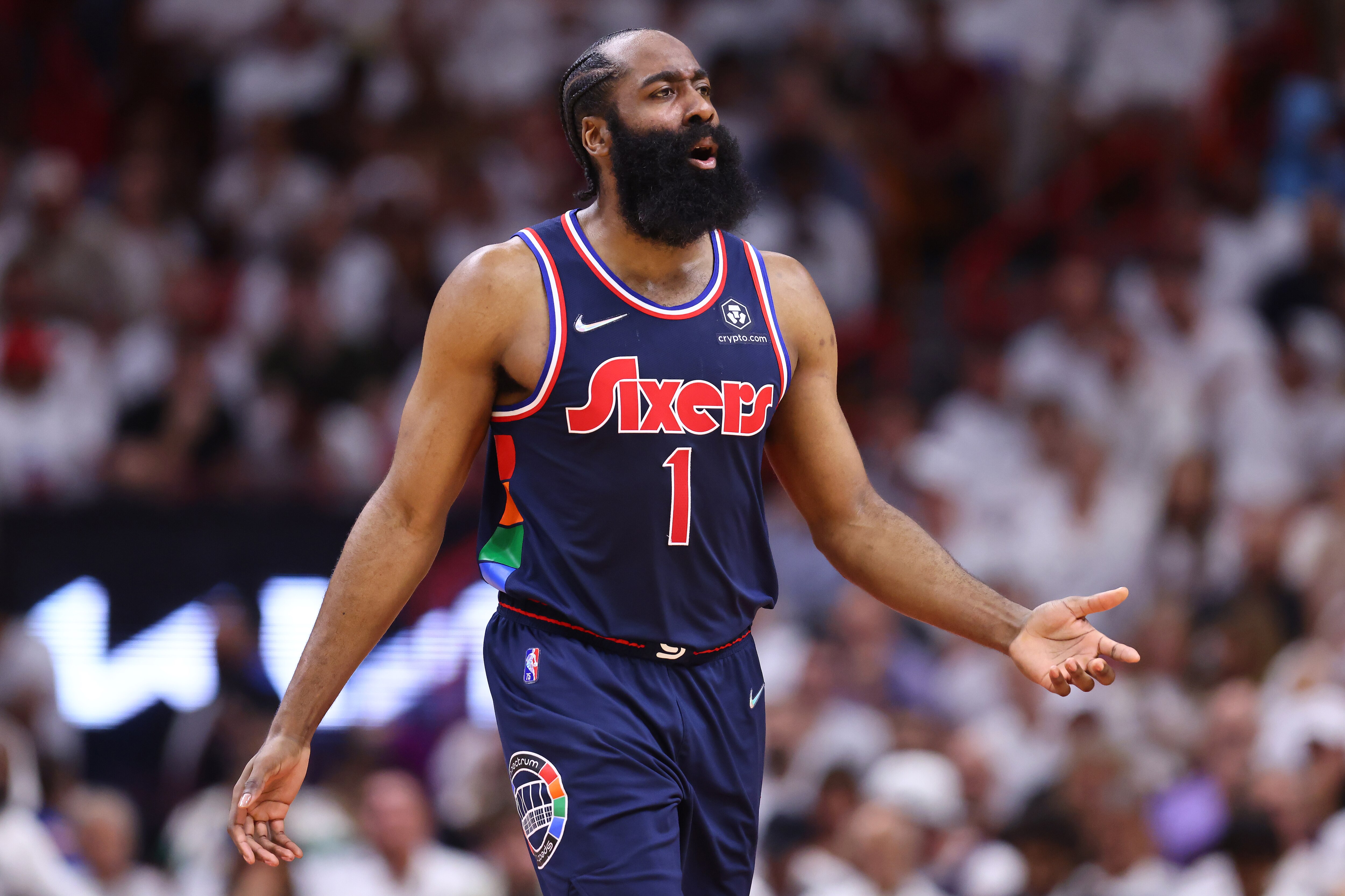 MIAMI, FLORIDA - MAY 02: James Harden #1 of the Philadelphia 76ers reacts against the Miami Heat during the first half in Game One of the Eastern Conference Semifinals at FTX Arena on May 02, 2022 in Miami, Florida. NOTE TO USER: User expressly acknowledges and agrees that, by downloading and or using this photograph, User is consenting to the terms and conditions of the Getty Images License Agreement. (Photo by Michael Reaves/Getty Images)