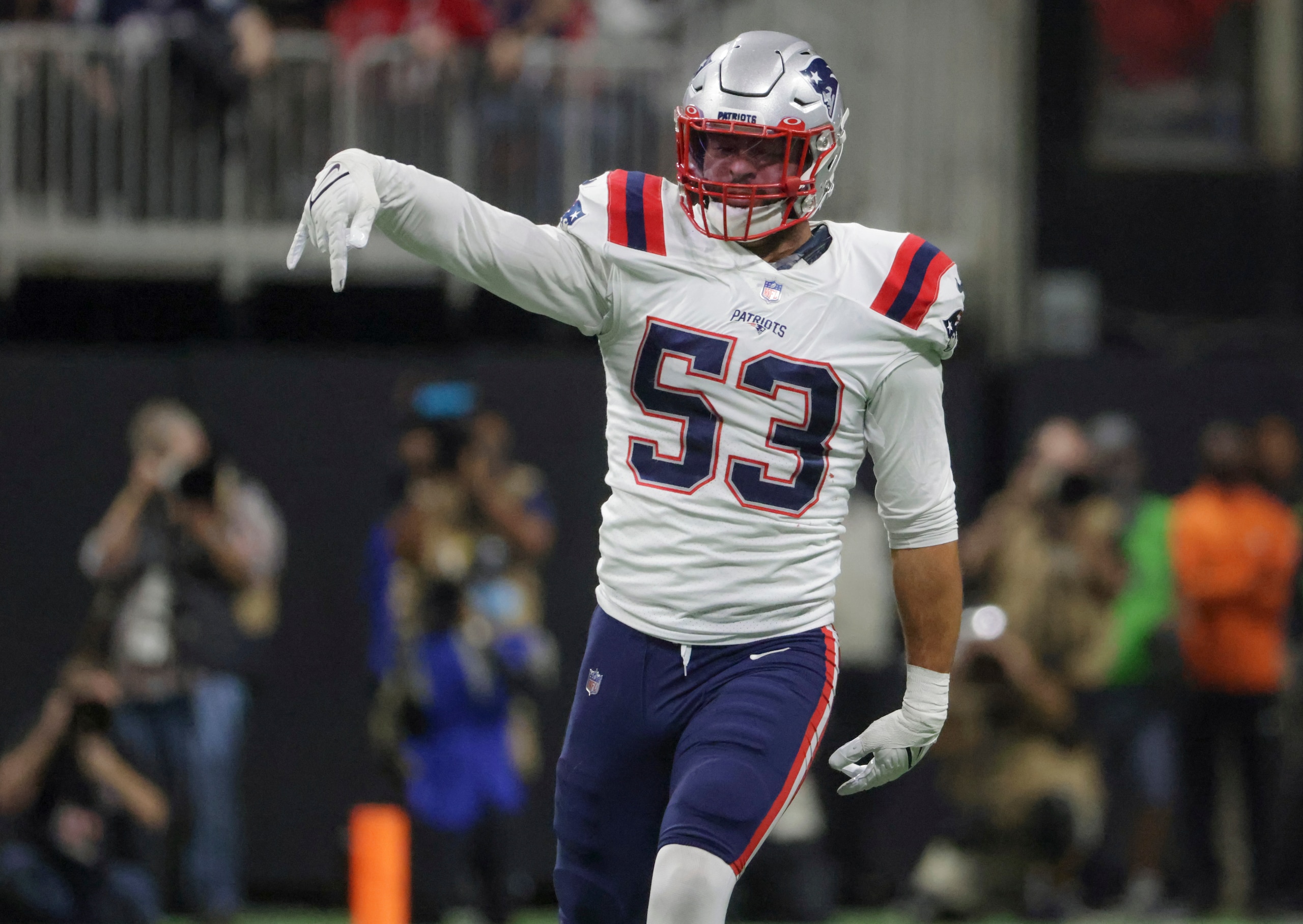 Atlanta, GA - November 18: New England Patriots Kyle Van Noy celebrates after his second sack of Atlanta Falcons Matt Ryan during second quarter NFL action. The New England Patriots visit the Atlanta Falcons in a regular season NFL game at Mercedes-Benz Stadium in Atlanta, GA on Nov. 18, 2021. (Photo by Matthew J. Lee/The Boston Globe via Getty Images) Atlanta, GA - November 18: New England Patriots Kyle Van Noy celebrates after his second sack of Atlanta Falcons Matt Ryan during second quarter NFL action. The New England Patriots visit the Atlanta Falcons in a regular season NFL game at Mercedes-Benz Stadium in Atlanta, GA on Nov. 18, 2021. (Photo by Matthew J. Lee/The Boston Globe via Getty Images)