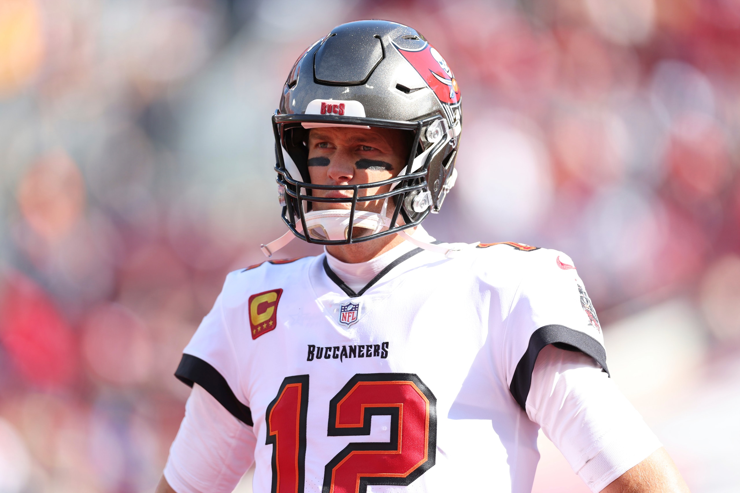 Football: NFL Playoffs: Tampa Bay Buccaneers QB Tom Brady (12) before game vs Los Angeles Rams at Raymond James Stadium. Tampa, FL 1/23/2022 CREDIT: Simon Bruty (Photo by Simon Bruty/Sports Illustrated via Getty Images) (Set Number: X163913 TK1) Football: NFL Playoffs: Tampa Bay Buccaneers QB Tom Brady (12) before game vs Los Angeles Rams at Raymond James Stadium. Tampa, FL 1/23/2022 CREDIT: Simon Bruty (Photo by Simon Bruty/Sports Illustrated via Getty Images) (Set Number: X163913 TK1)