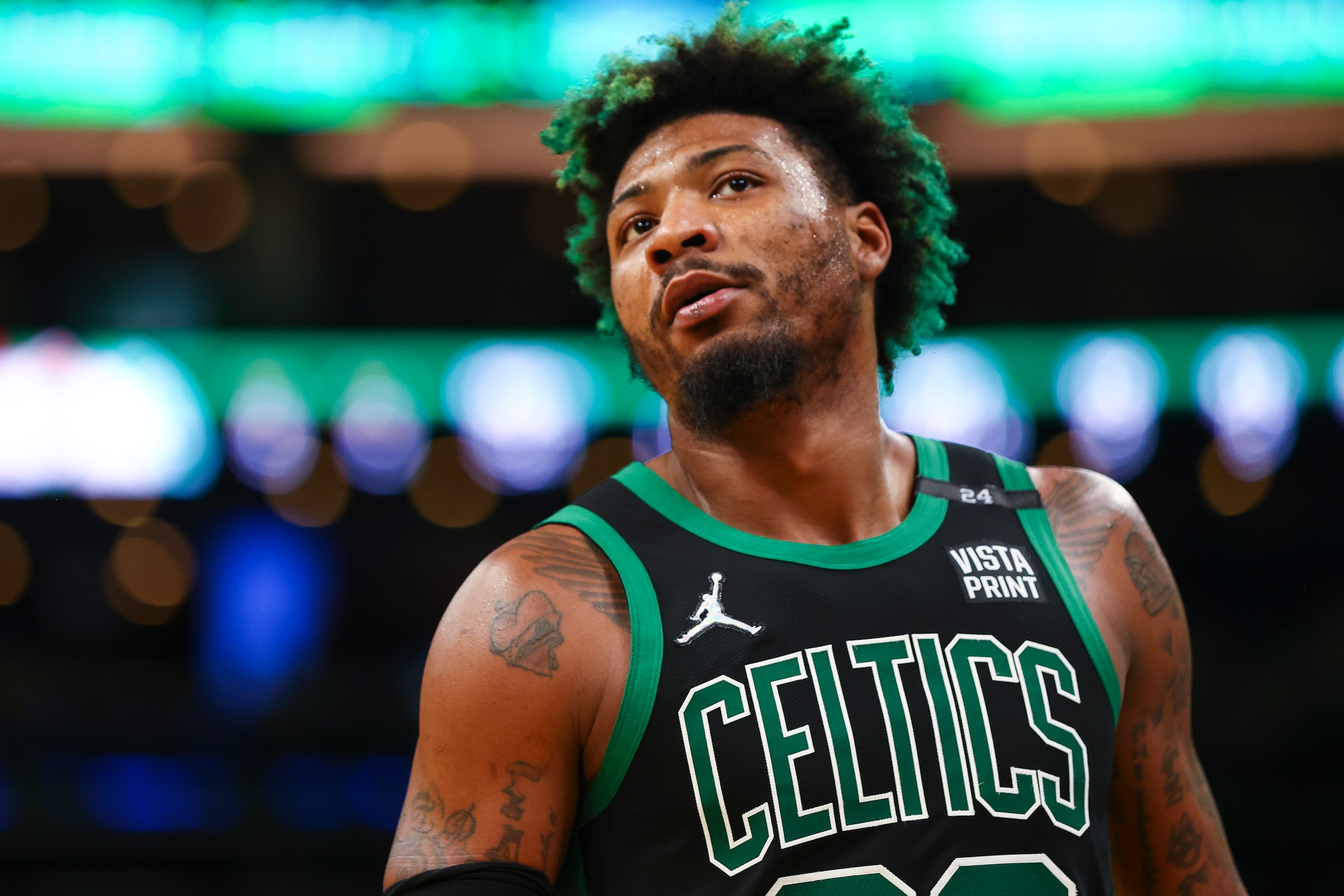 BOSTON, MA - MAY 01  Marcus Smart #36 of the Boston Celtics looks on during Game One of the Eastern Conference Semifinals against teh Milwaukee Bucks at TD Garden on May 1, 2022 in Boston, Massachusetts. NOTE TO USER: User expressly acknowledges and agrees that, by downloading and or using this photograph, User is consenting to the terms and conditions of the Getty Images License Agreement. (Photo by Adam Glanzman/Getty Images)