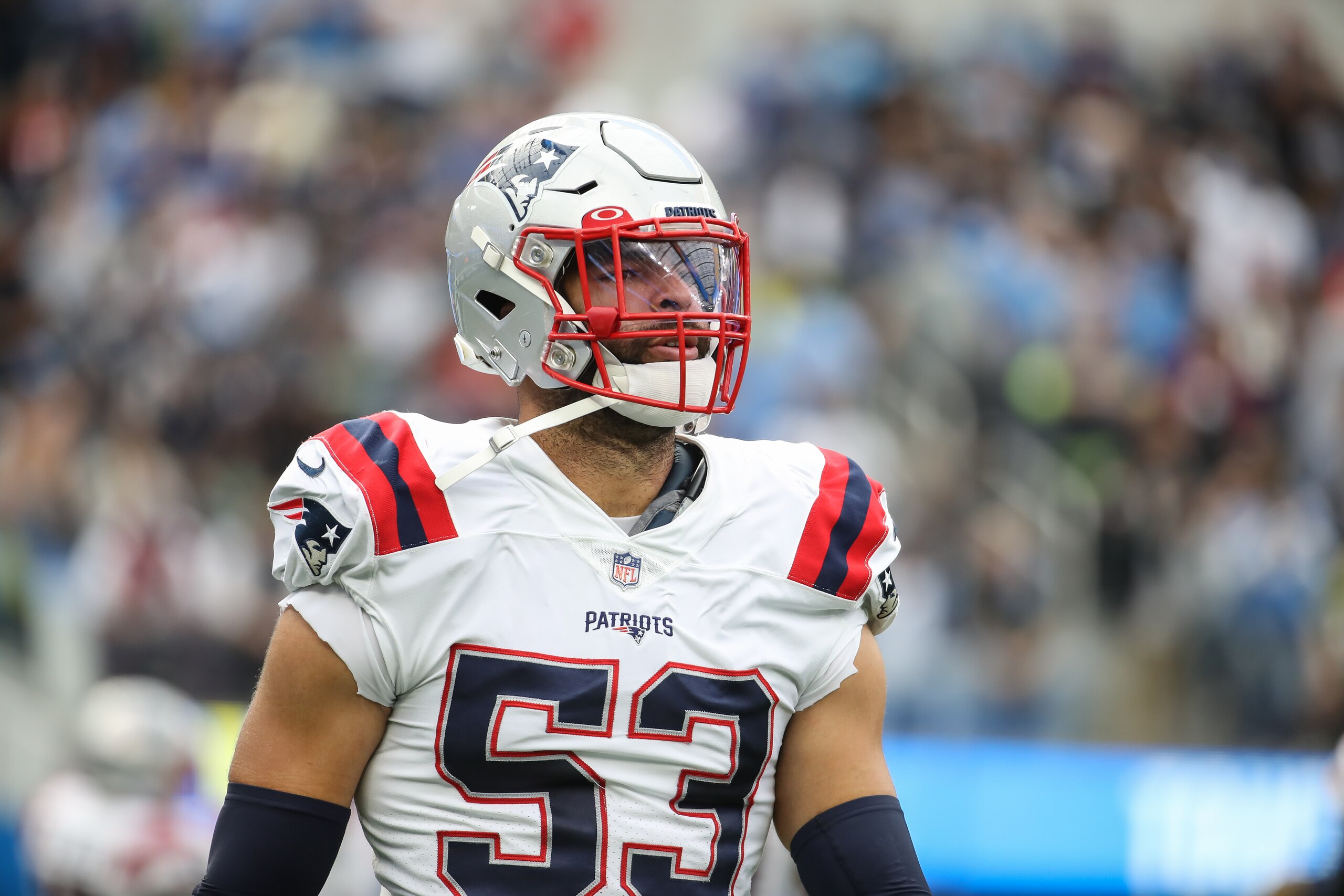 INGLEWOOD, CA - OCTOBER 31: New England Patriots middle linebacker Kyle Van Noy #53 during an NFL game between the New England Patriots and the Los Angeles Chargers on October 31, 2021, at SoFi Stadium in Inglewood, CA. (Photo by Jevone Moore/Icon Sportswire via Getty Images)