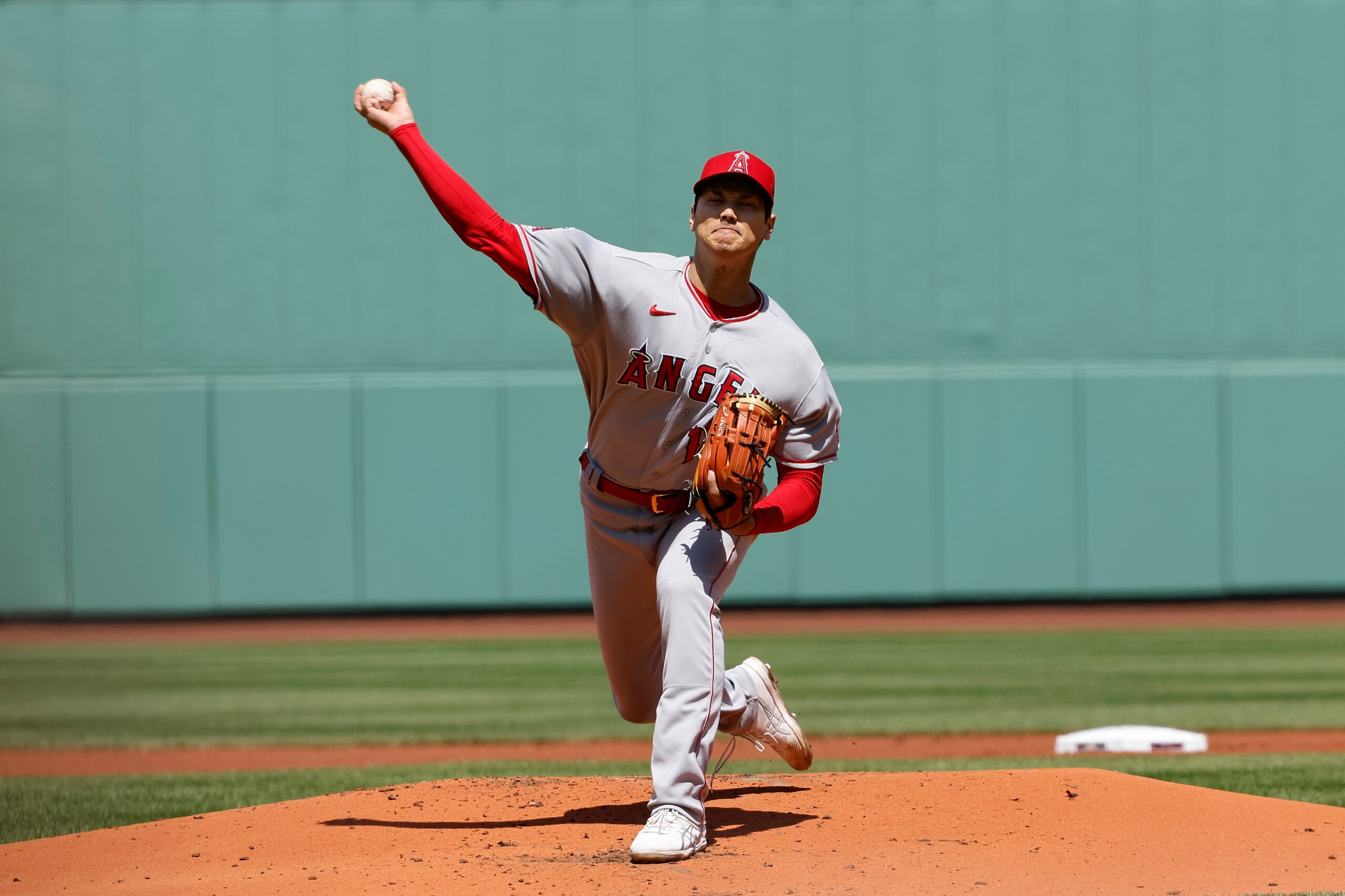 BOSTON, MA - MAY 5: Shohei Ohtani #17 of the Los Angeles Angels pitches against the Boston Red Sox during the first inning at Fenway Park on May 5, 2022 in Boston, Massachusetts. (Photo By Winslow Townson/Getty Images)