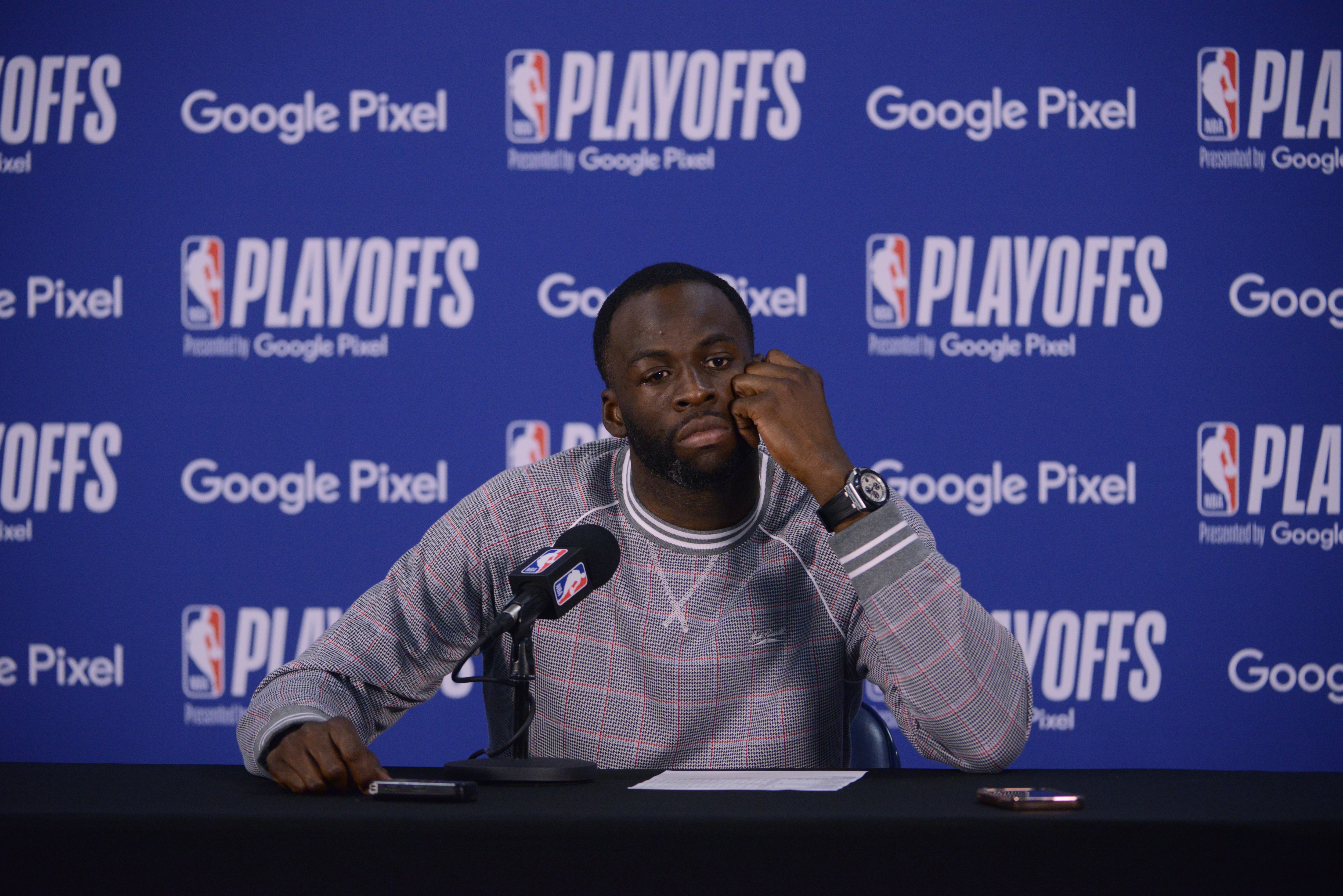 MEMPHIS, TN - MAY 3: Draymond Green #23 of the Golden State Warriors talks to the media after Game 2 of the 2022 NBA Playoffs Western Conference Semifinals on May 3, 2022 at FedExForum in Memphis, Tennessee. NOTE TO USER: User expressly acknowledges and agrees that, by downloading and or using this photograph, user is consenting to the terms and conditions of Getty Images License Agreement. Mandatory Copyright Notice: Copyright 2022 NBAE (Photo by Noah Graham/NBAE via Getty Images)
