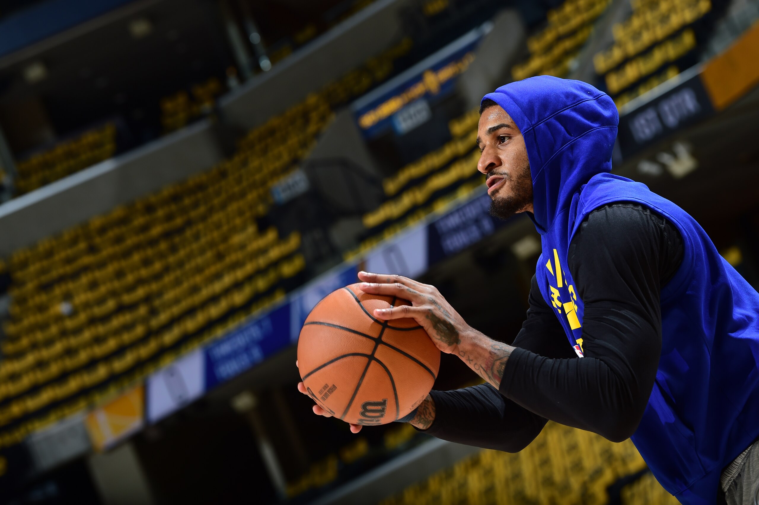 MEMPHIS, TN - MAY 3: Gary Payton II #0 of the Golden State Warriors warms up before the game against the Memphis Grizzlies during Game 2 of the 2022 NBA Playoffs Western Conference Semifinals on May 3, 2022 at FedExForum in Memphis, Tennessee. NOTE TO USER: User expressly acknowledges and agrees that, by downloading and or using this photograph, user is consenting to the terms and conditions of Getty Images License Agreement. Mandatory Copyright Notice: Copyright 2022 NBAE (Photo by Noah Graham/NBAE via Getty Images)