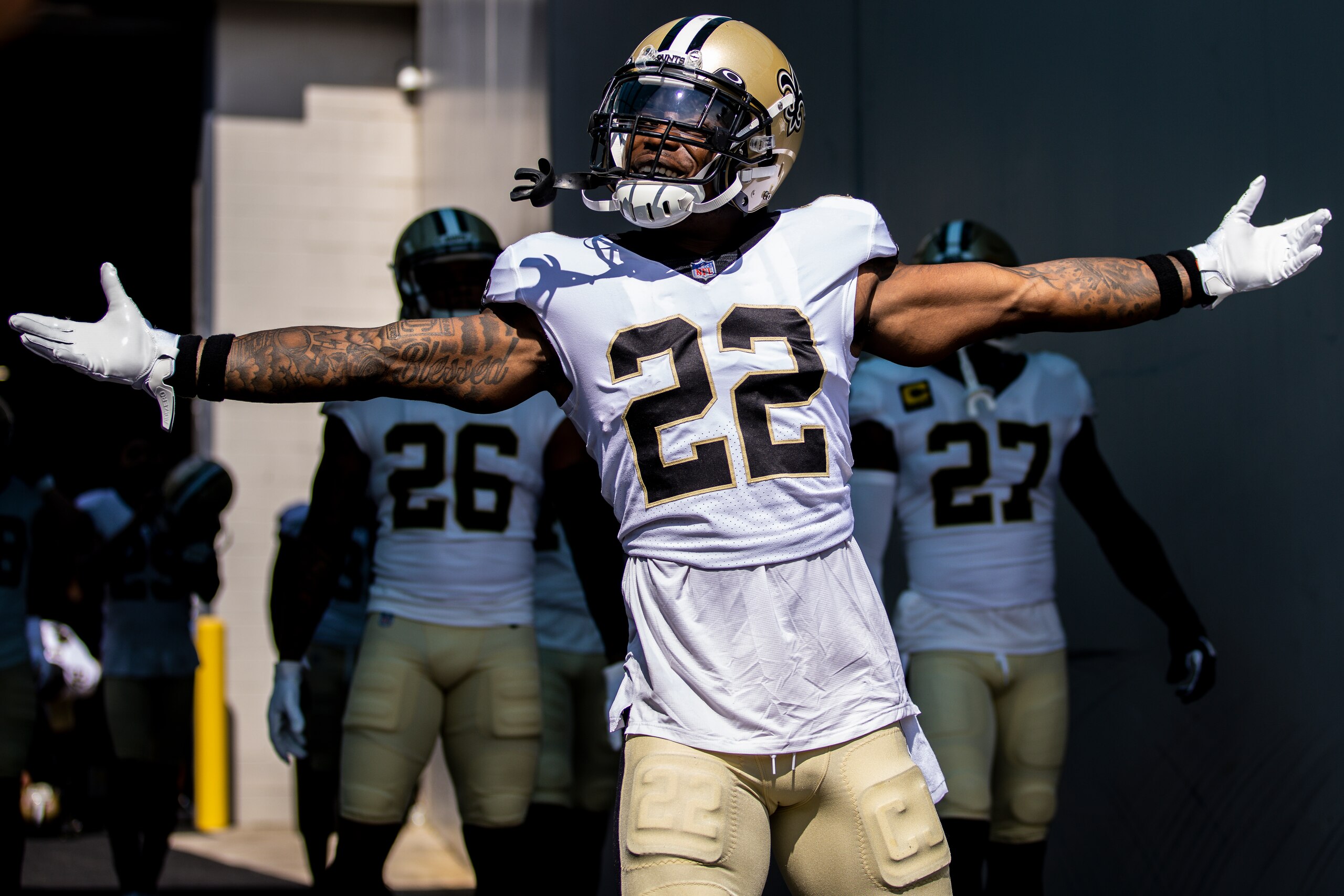 JACKSONVILLE, FLORIDA - SEPTEMBER 12: C.J. Gardner-Johnson #22 of the New Orleans Saints takes the field before the start of a game against the Green Bay Packers at TIAA Bank Field on September 12, 2021 in Jacksonville, Florida. (Photo by James Gilbert/Getty Images)