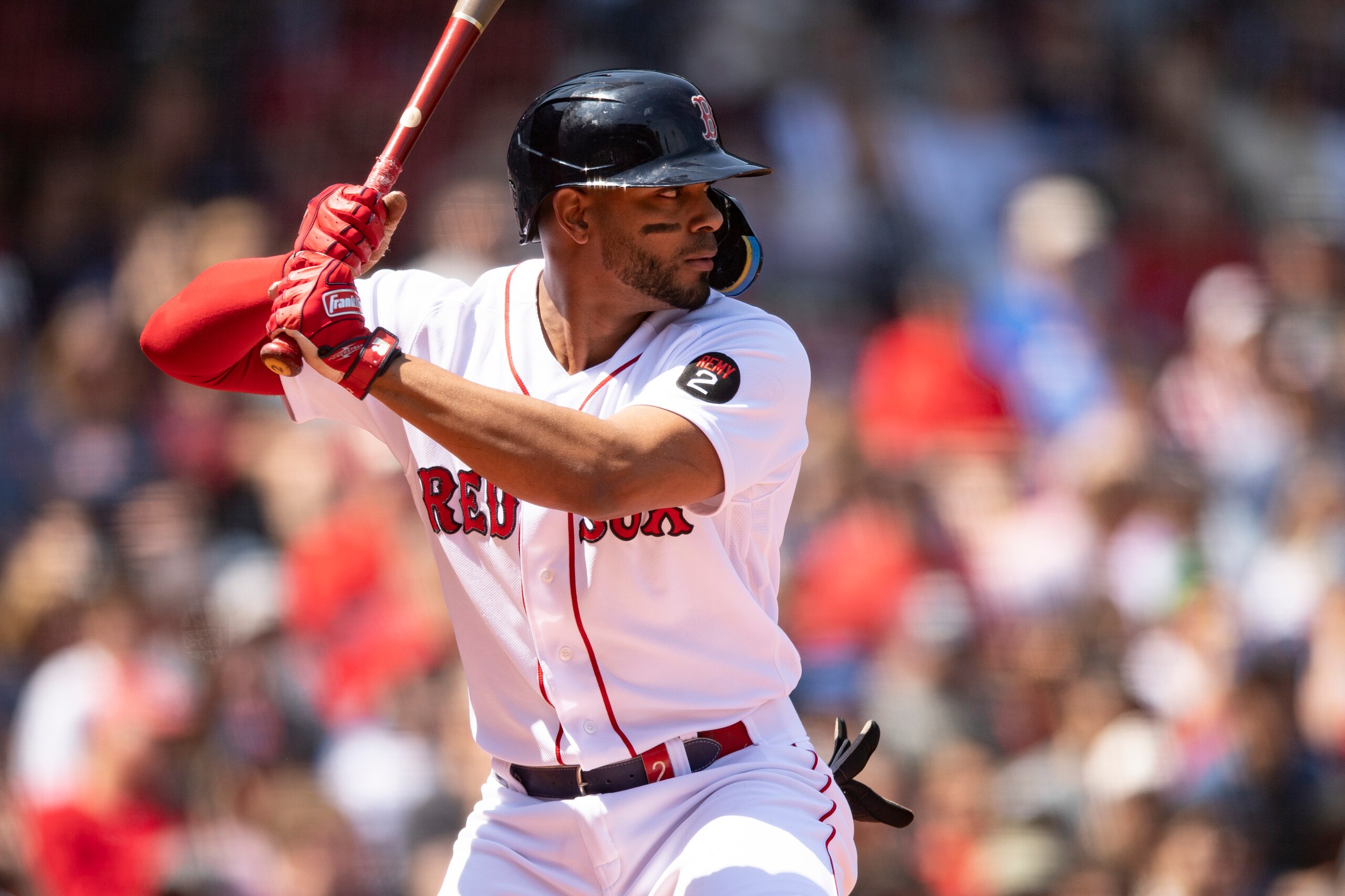 BOSTON, MA - MAY 4: Xander Bogaerts #2 of the Boston Red Sox bats during the first inning of a game against the Los Angeles Angels on May 5, 2022 at Fenway Park in Boston, Massachusetts. (Photo by Maddie Malhotra/Boston Red Sox/Getty Images)