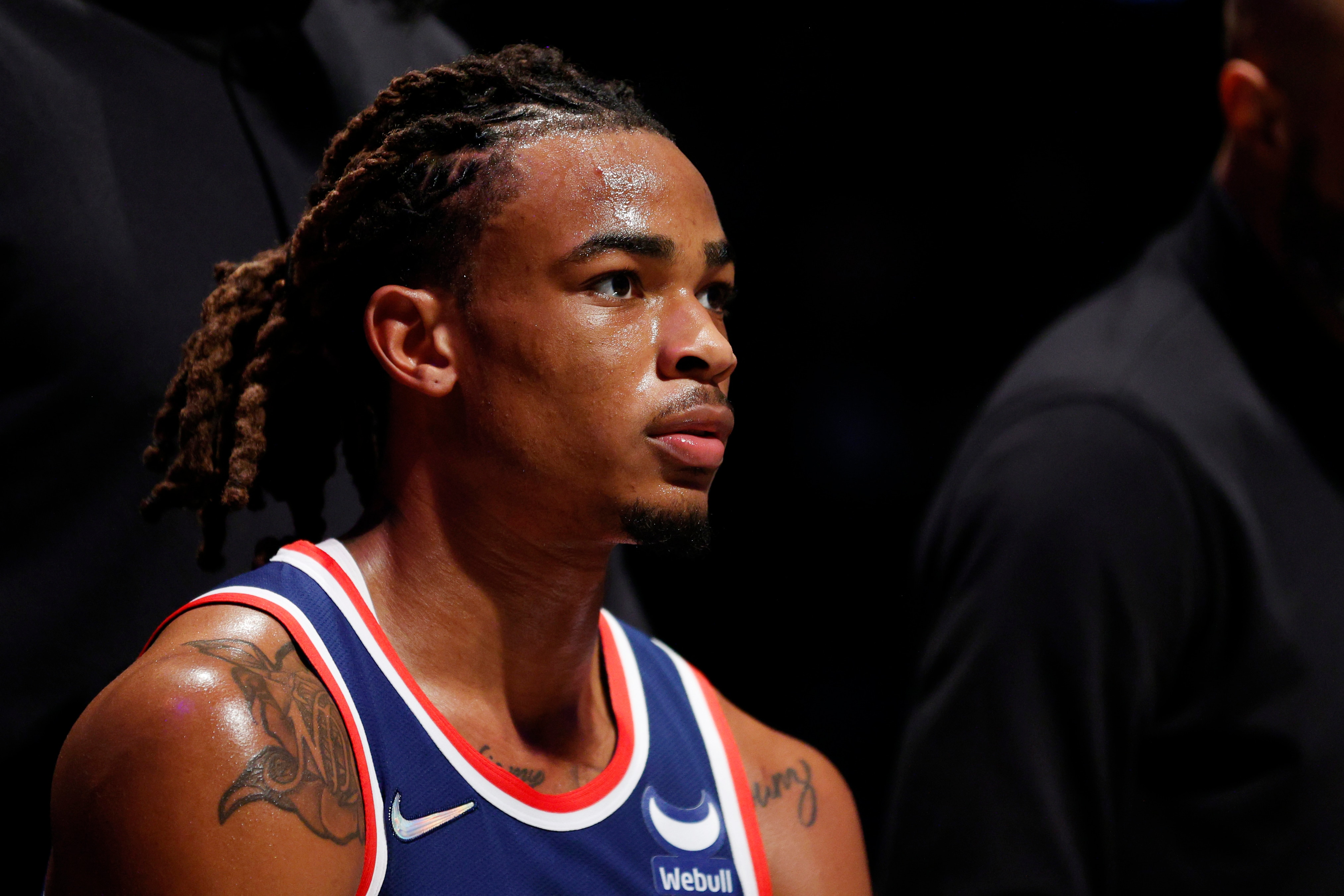 NEW YORK, NEW YORK - APRIL 10: Nic Claxton #33 of the Brooklyn Nets looks on during the first half against the Indiana Pacers at Barclays Center on April 10, 2022 in the Brooklyn borough of New York City. NOTE TO USER: User expressly acknowledges and agrees that, by downloading and or using this photograph, User is consenting to the terms and conditions of the Getty Images License Agreement. (Photo by Sarah Stier/Getty Images)