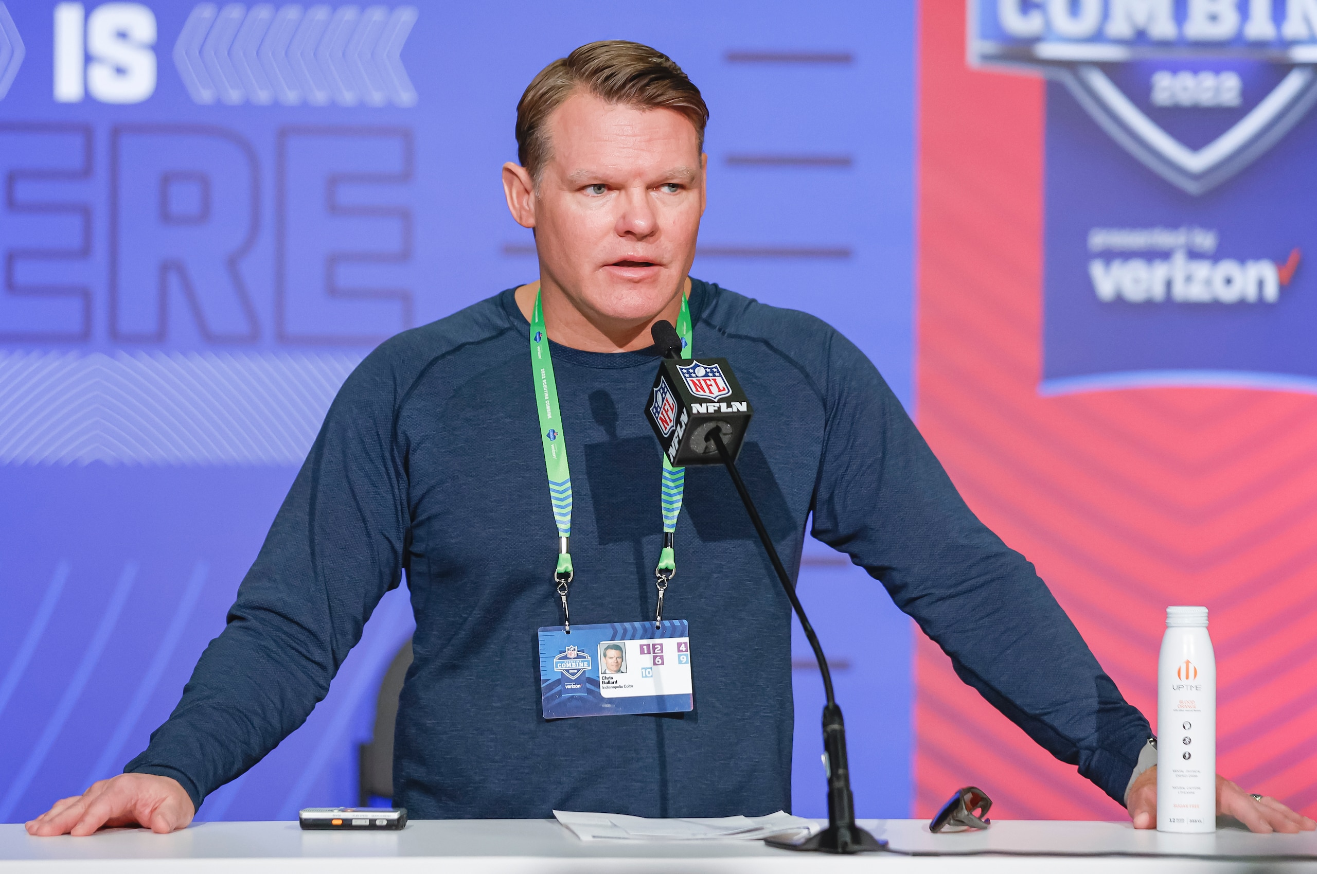 INDIANAPOLIS, IN - MAR 01: Chris Ballard, general manager of the Indianapolis Colts speaks to reporters during the NFL Draft Combine at the Indiana Convention Center on March 1, 2022 in Indianapolis, Indiana. (Photo by Michael Hickey/Getty Images)