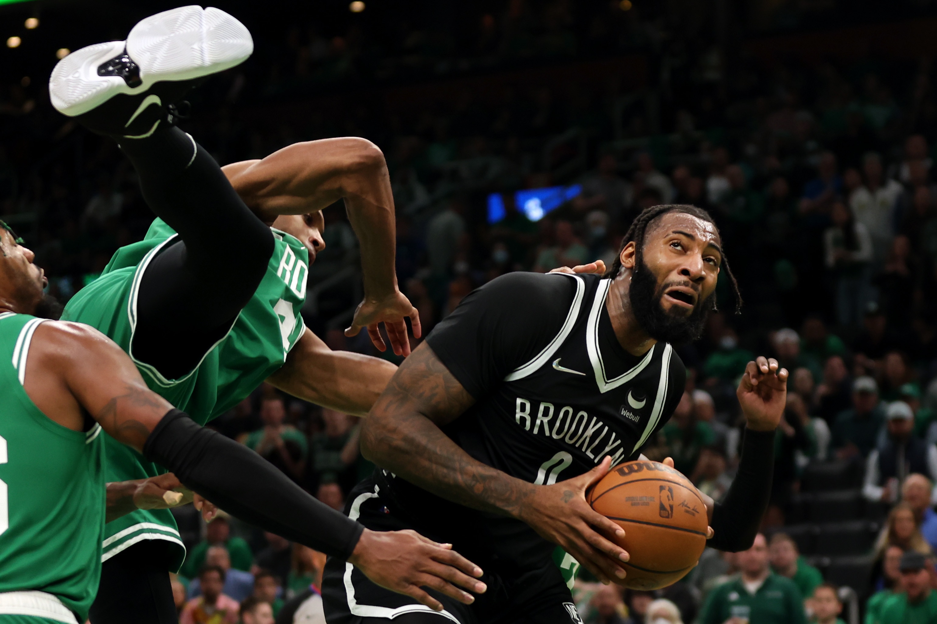 BOSTON, MASSACHUSETTS - APRIL 20: Al Horford #42 of the Boston Celtics fouls Andre Drummond #0 of the Brooklyn Nets during the third quarter of Game Two of the Eastern Conference First Round NBA Playoffs at TD Garden on April 20, 2022 in Boston, Massachusetts. (Photo by Maddie Meyer/Getty Images)