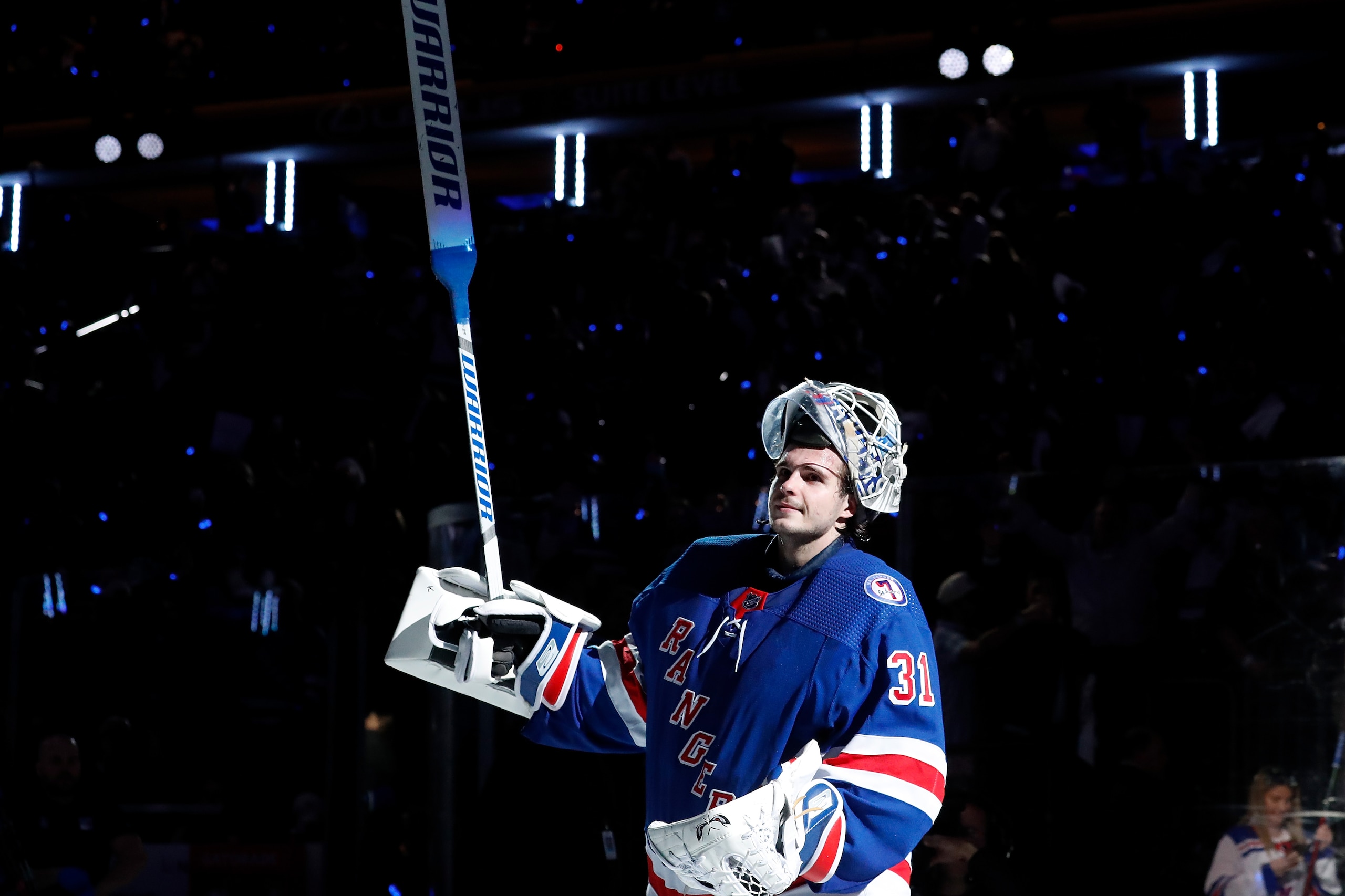 NEW YORK, NEW YORK - MAY 05: Igor Shesterkin #31 of the New York Rangers is awarded second star of the game after defeating the Pittsburgh Penguins 5-2 in Game Two of the First Round of the 2022 Stanley Cup Playoffs at Madison Square Garden on May 05, 2022 in New York City. (Photo by Jared Silber/NHLI via Getty Images)