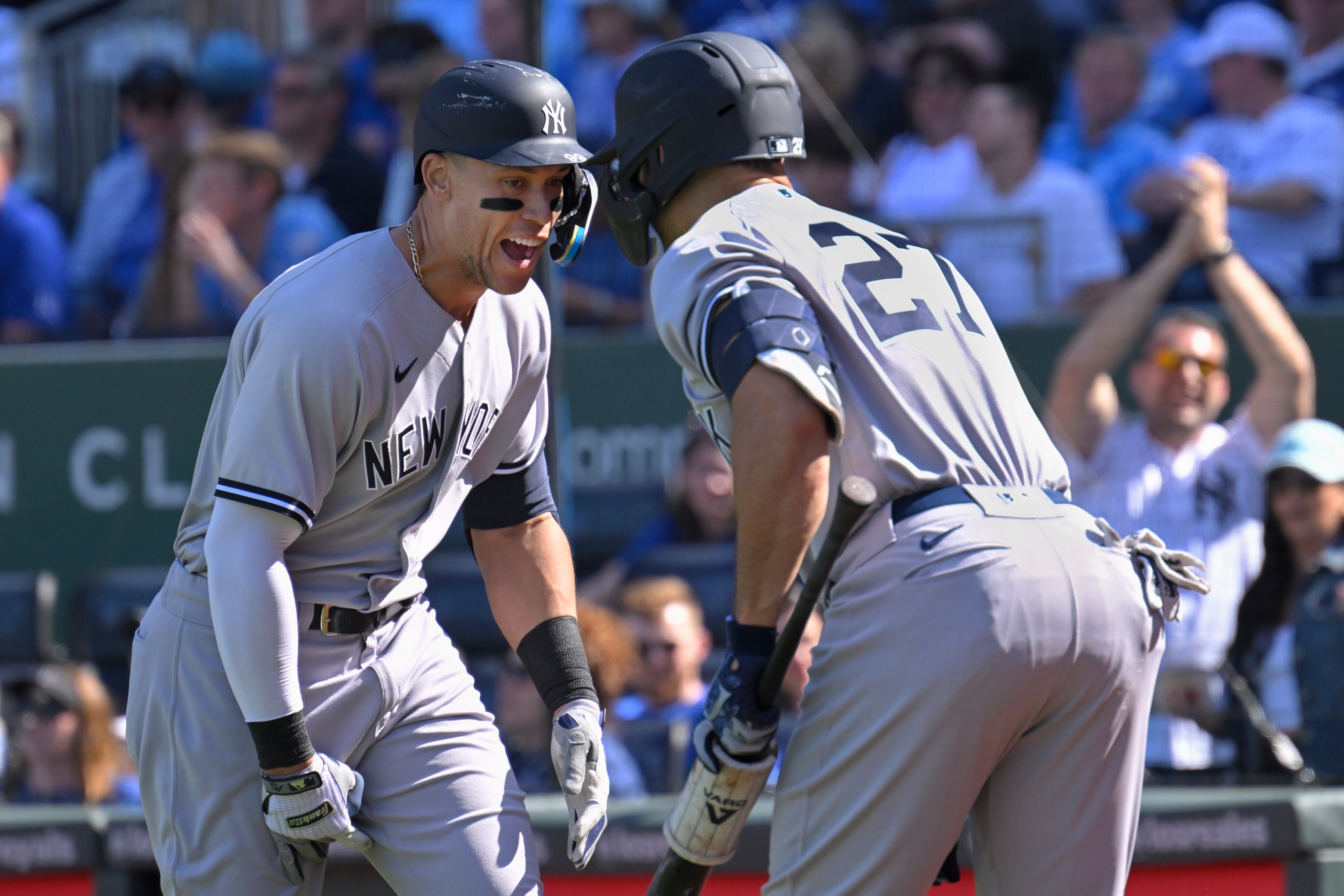 New York Yankees' Aaron Judge, left, celebrates his second home run of the game against the Kansas City Royals with teammate Giancarlo Stanton (27) in the ninth inning of a baseball game, Sunday, May 1, 2022 in Kansas City, Mo. (AP Photo/Reed Hoffmann)