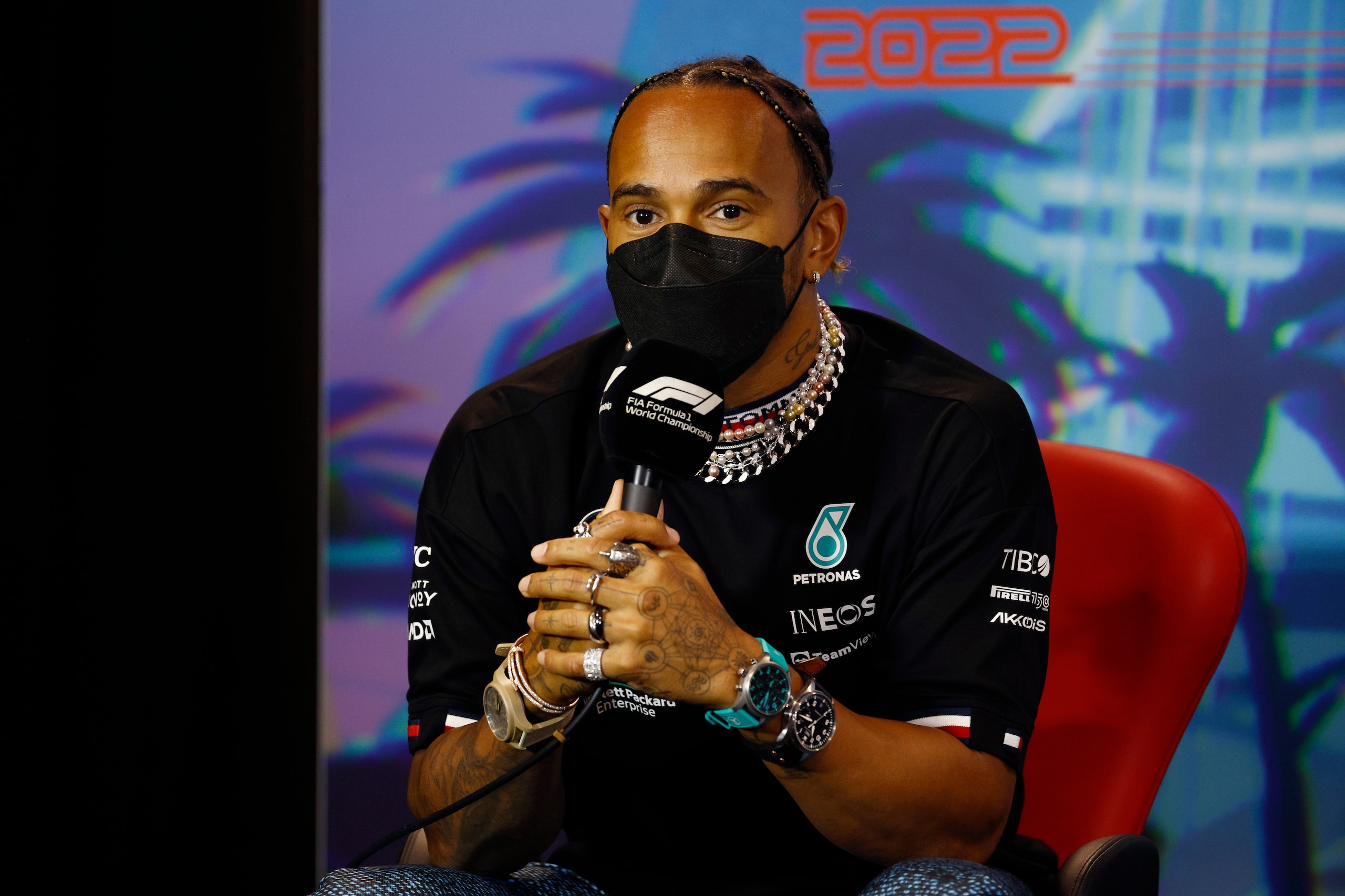 MIAMI, FLORIDA - MAY 06: Lewis Hamilton of Great Britain and Mercedes talks in the Drivers Press Conference prior to practice ahead of the F1 Grand Prix of Miami at the Miami International Autodrome on May 06, 2022 in Miami, Florida. (Photo by Jared C. Tilton/Getty Images) MIAMI, FLORIDA - MAY 06: Lewis Hamilton of Great Britain and Mercedes talks in the Drivers Press Conference prior to practice ahead of the F1 Grand Prix of Miami at the Miami International Autodrome on May 06, 2022 in Miami, Florida. (Photo by Jared C. Tilton/Getty Images)